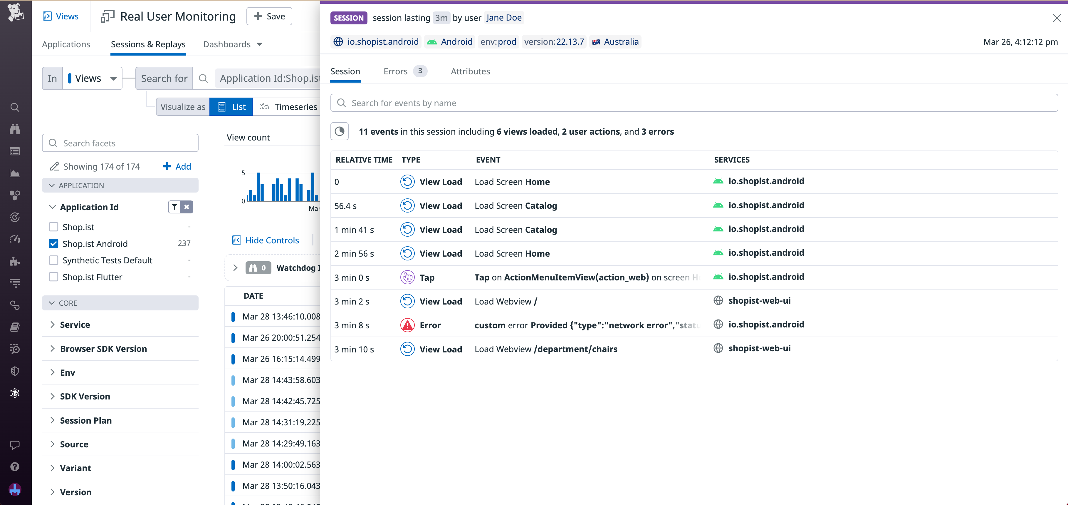 Panel displaying mobile and web session data in a single feed.