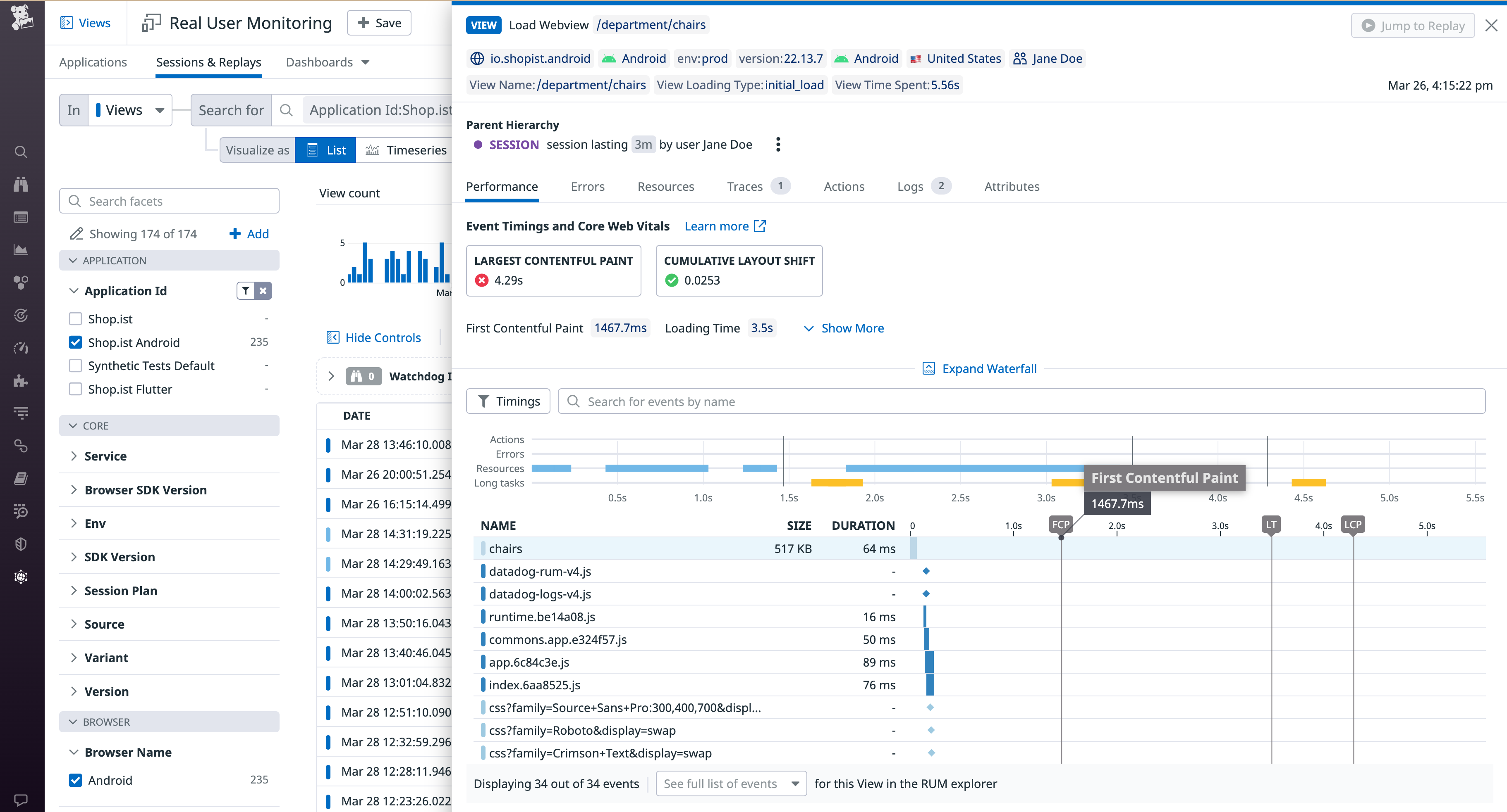 Panel displaying hybrid app metrics and events, including FCP, organized on a timeline.
