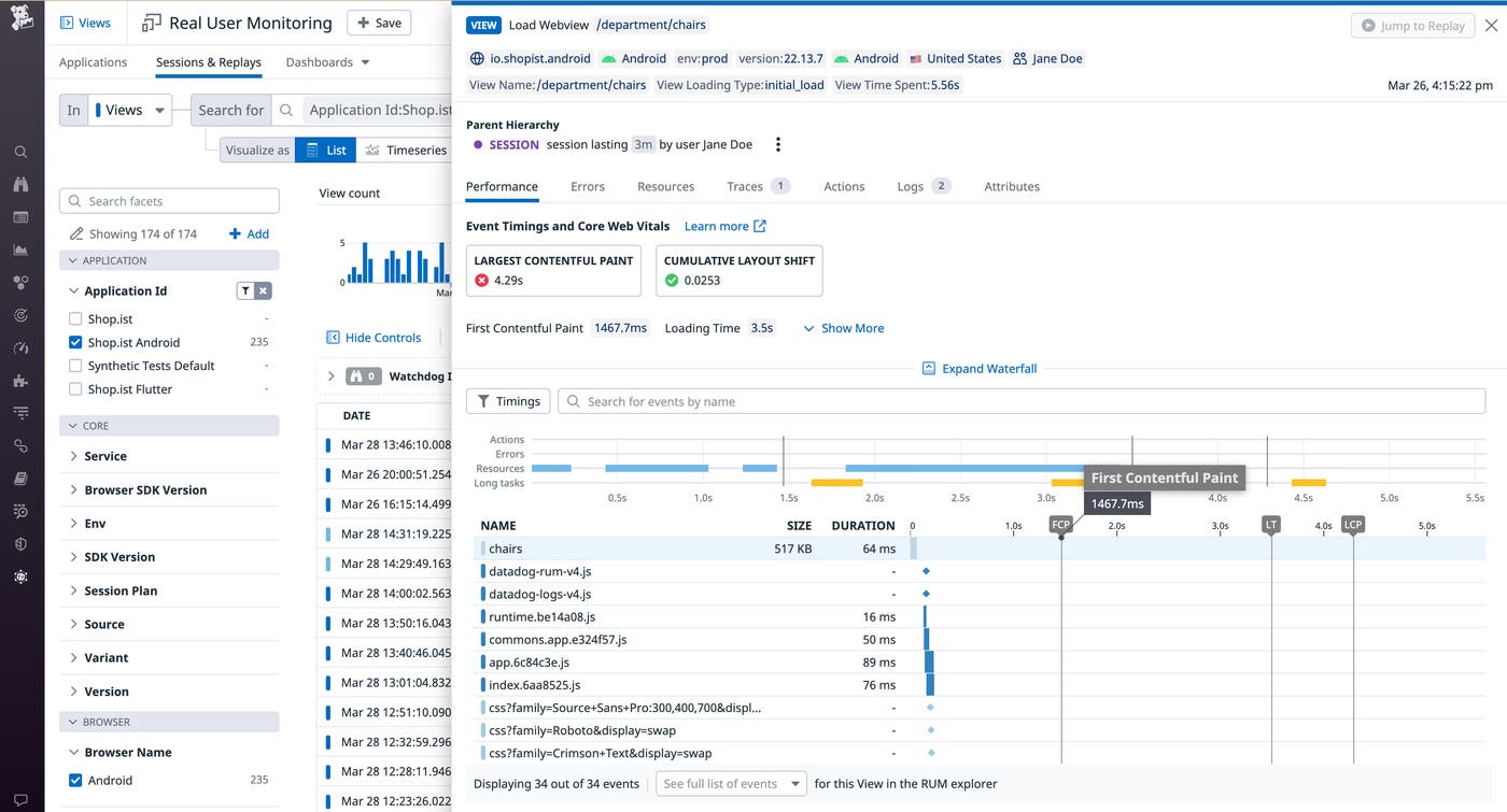 Panel displaying hybrid app metrics and events, including FCP, organized on a timeline. Panel displaying hybrid app metrics and events, including FCP, organized on a timeline.