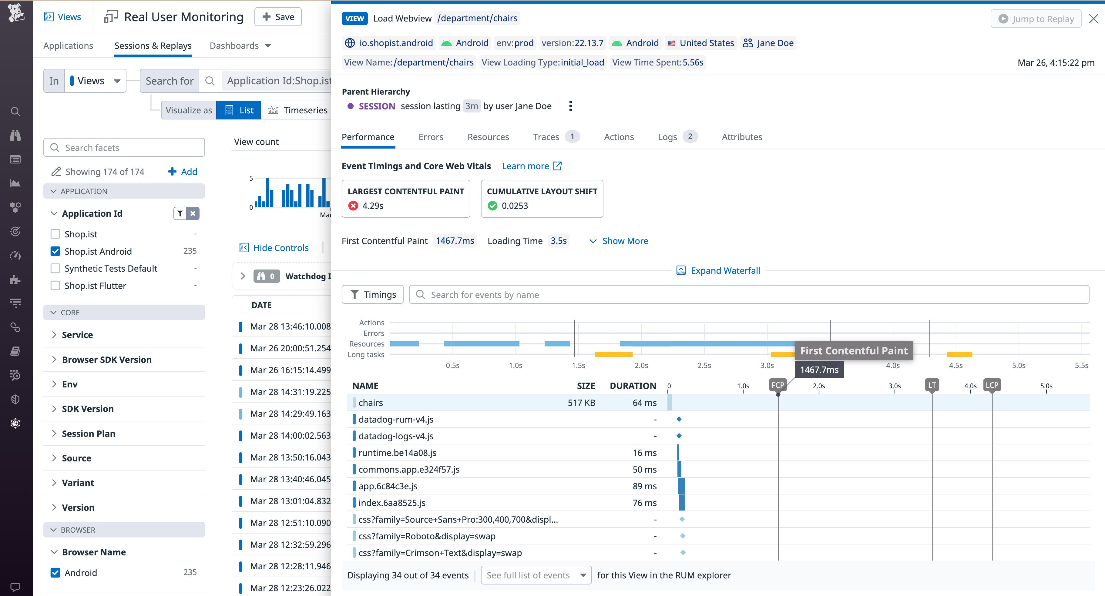 Panel displaying hybrid app metrics and events, including FCP, organized on a timeline. Panel displaying hybrid app metrics and events, including FCP, organized on a timeline.