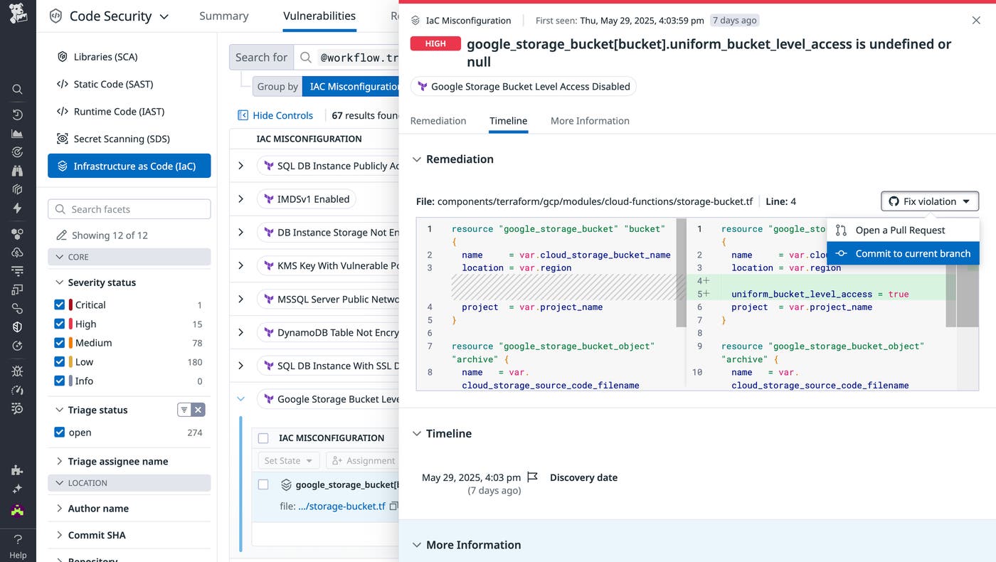 See where vulnerabilities exist in your IaC configurations and commit changes directly from Datadog See where vulnerabilities exist in your IaC configurations and commit changes directly from Datadog