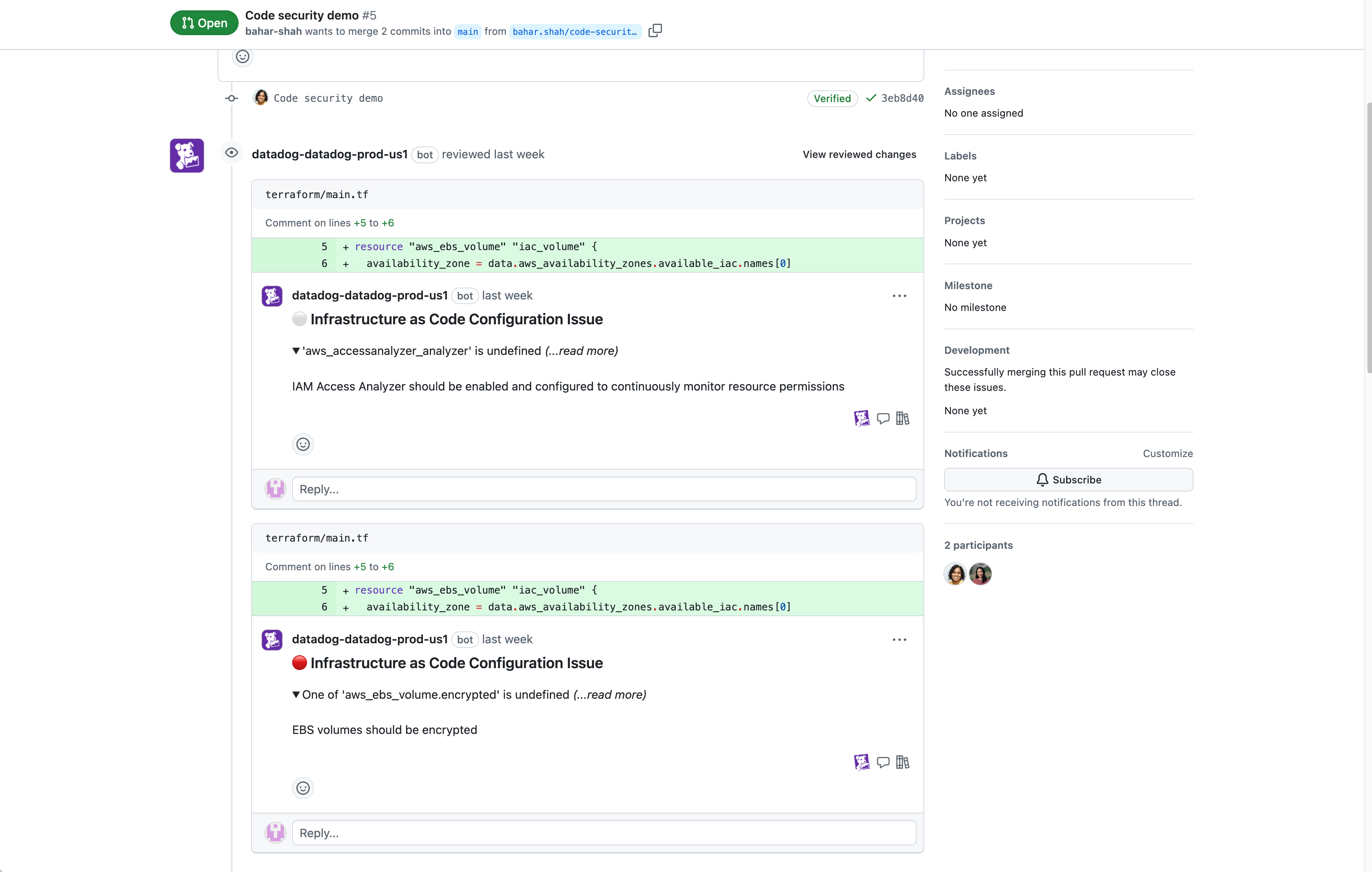 Pull request with comments from Datadog IaC Security