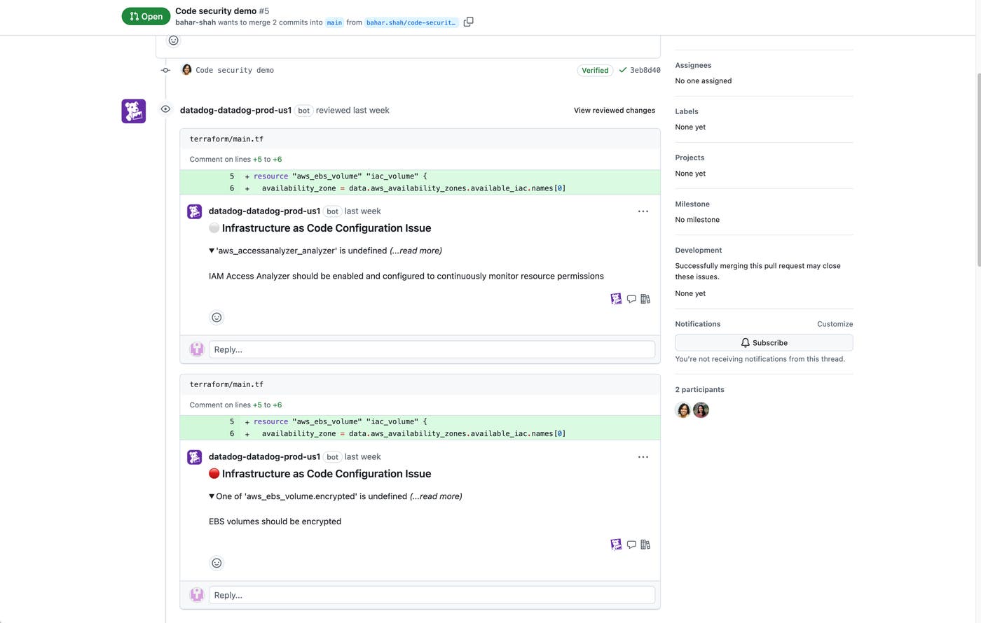 Pull request with comments from Datadog IaC Security Pull request with comments from Datadog IaC Security