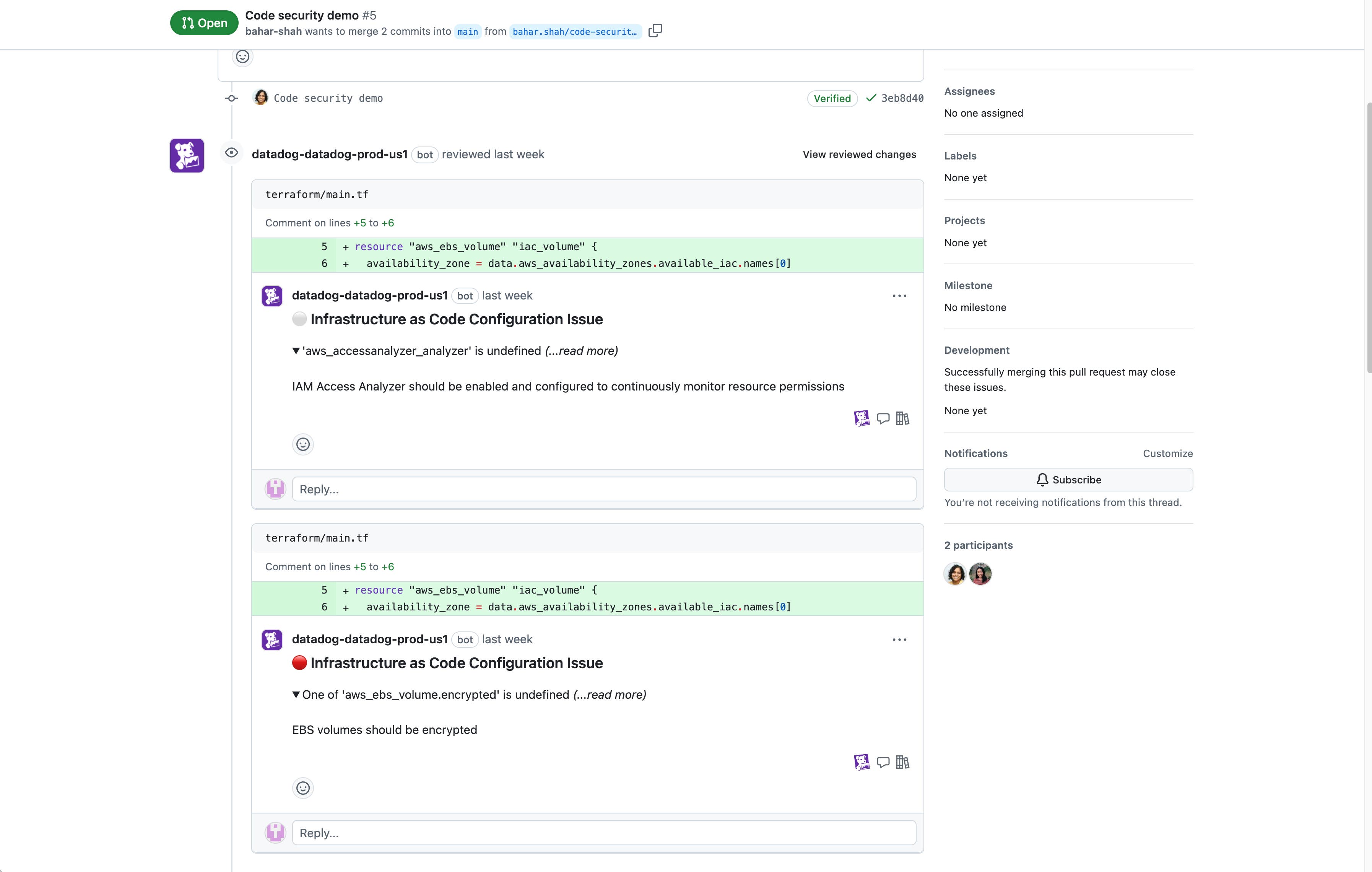 Pull request with comments from Datadog IaC Security Pull request with comments from Datadog IaC Security