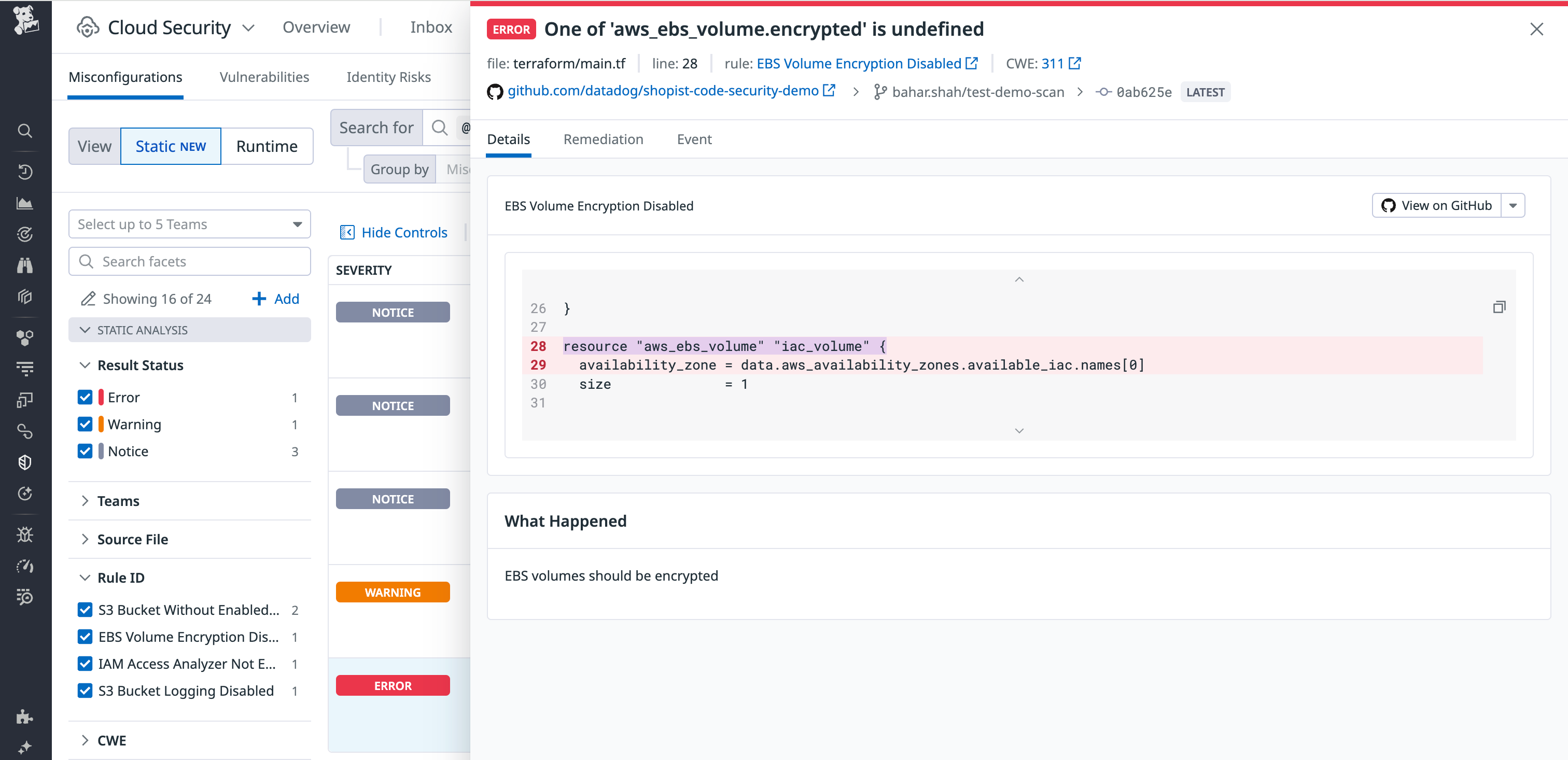 Finding in Datadog IaC Security with detail side panel