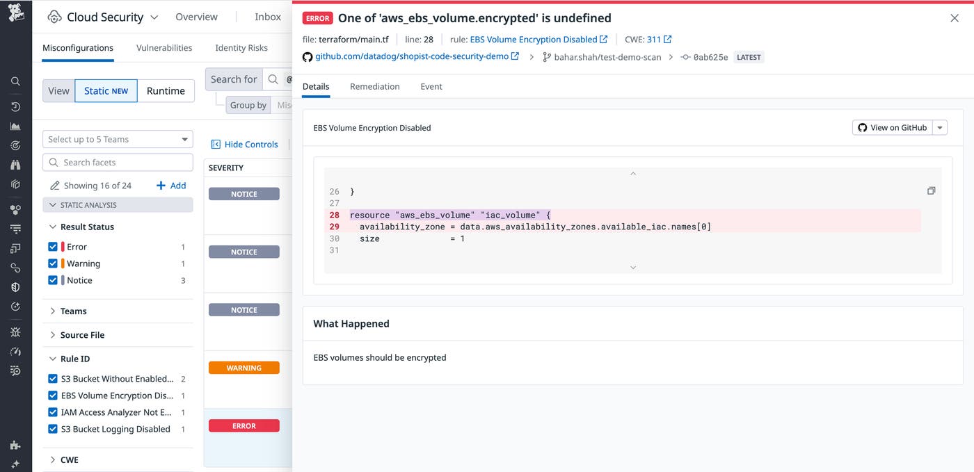 Finding in Datadog IaC Security with detail side panel Finding in Datadog IaC Security with detail side panel