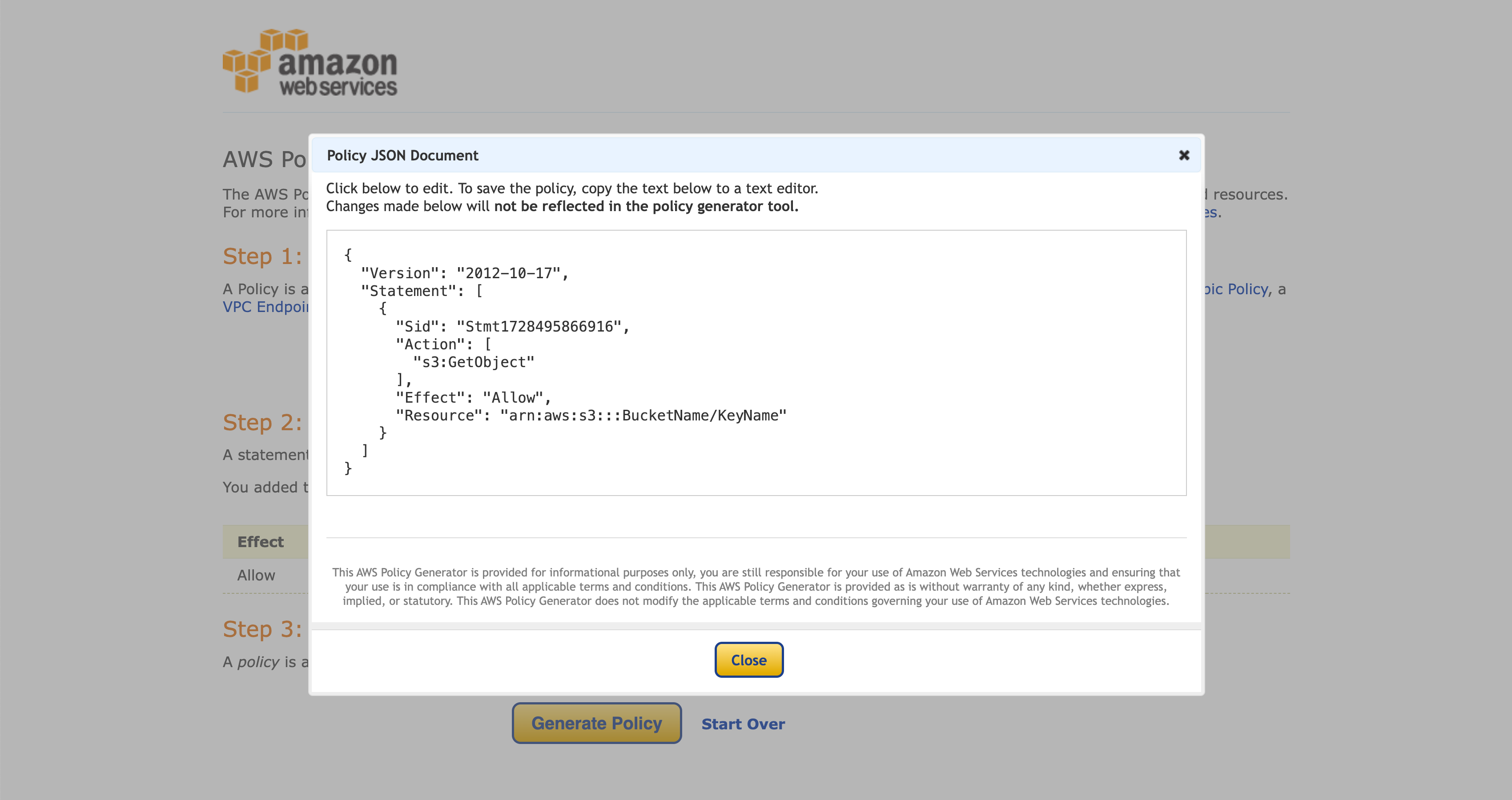 AWS IAM web interface depicting JSON policy example with permissions for all S3 actions on a specific bucket