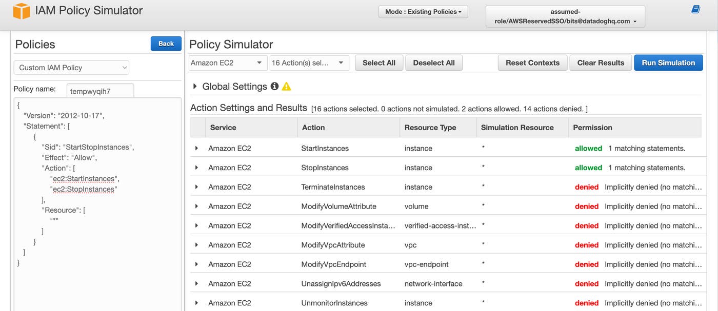 Screenshot of IAM Policy Simulator, depicting a detailed breakdown of EC2 action permissions. Screenshot of IAM Policy Simulator, depicting a detailed breakdown of EC2 action permissions.