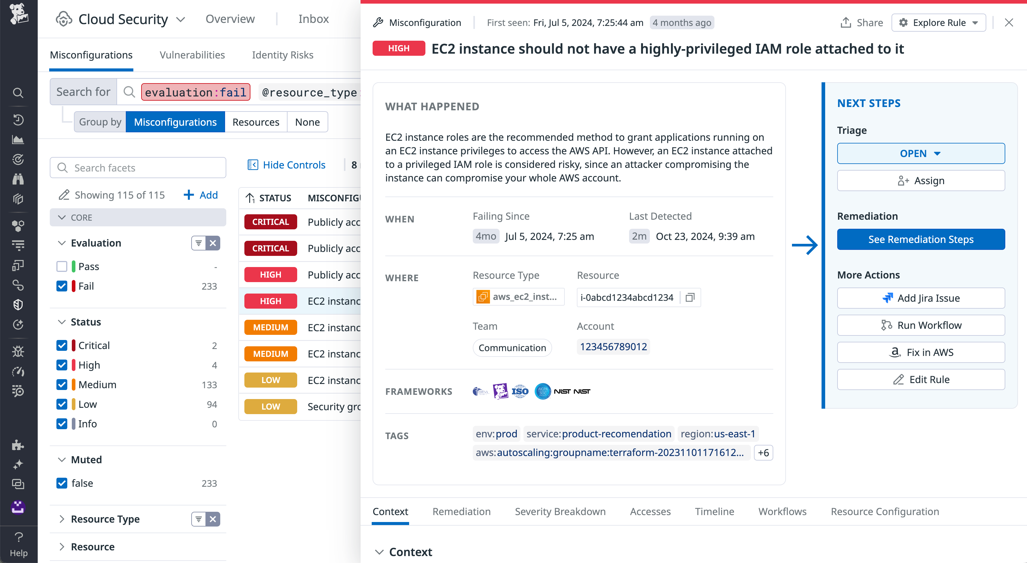 Screenshot of Cloud Security showing a misconfiguration alert for an EC2 instance with excessive IAM privileges.