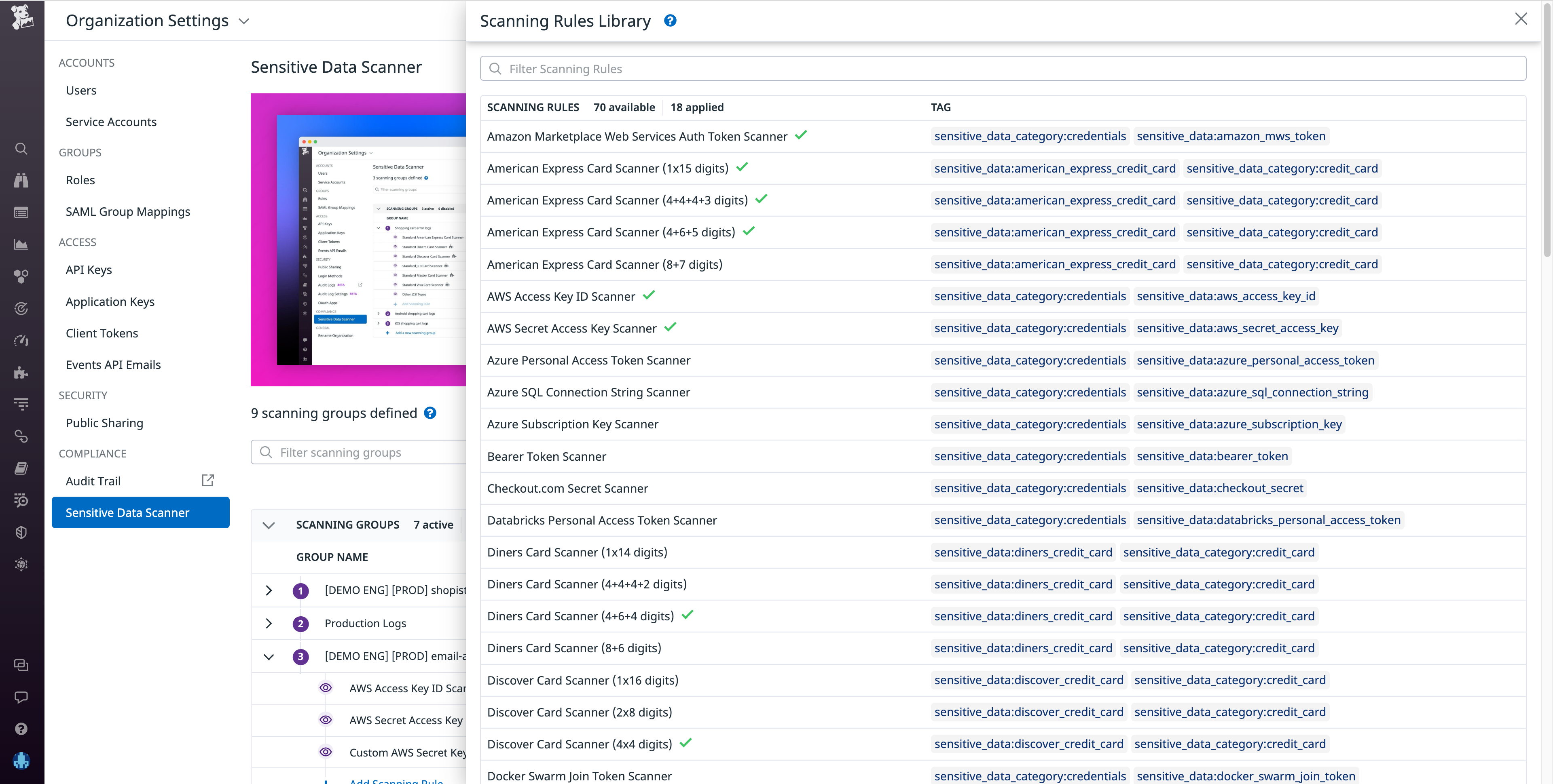 Choose from Datadog's out-of-the-box scanning rules
