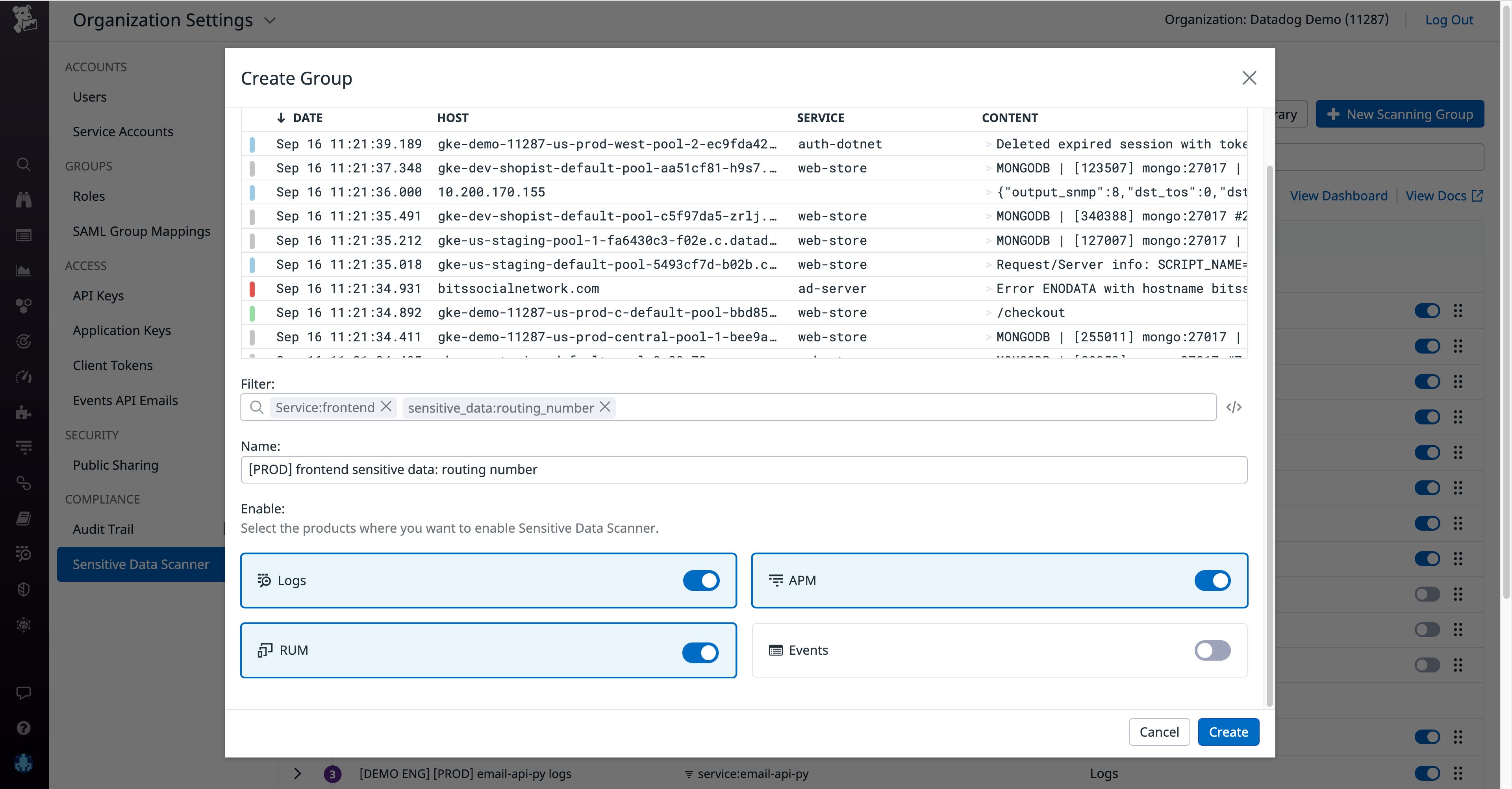 Configure the Sensitive Data Scanner for logs, RUM, APM, and Events in a single pane of glass Configure the Sensitive Data Scanner for logs, RUM, APM, and Events in a single pane of glass