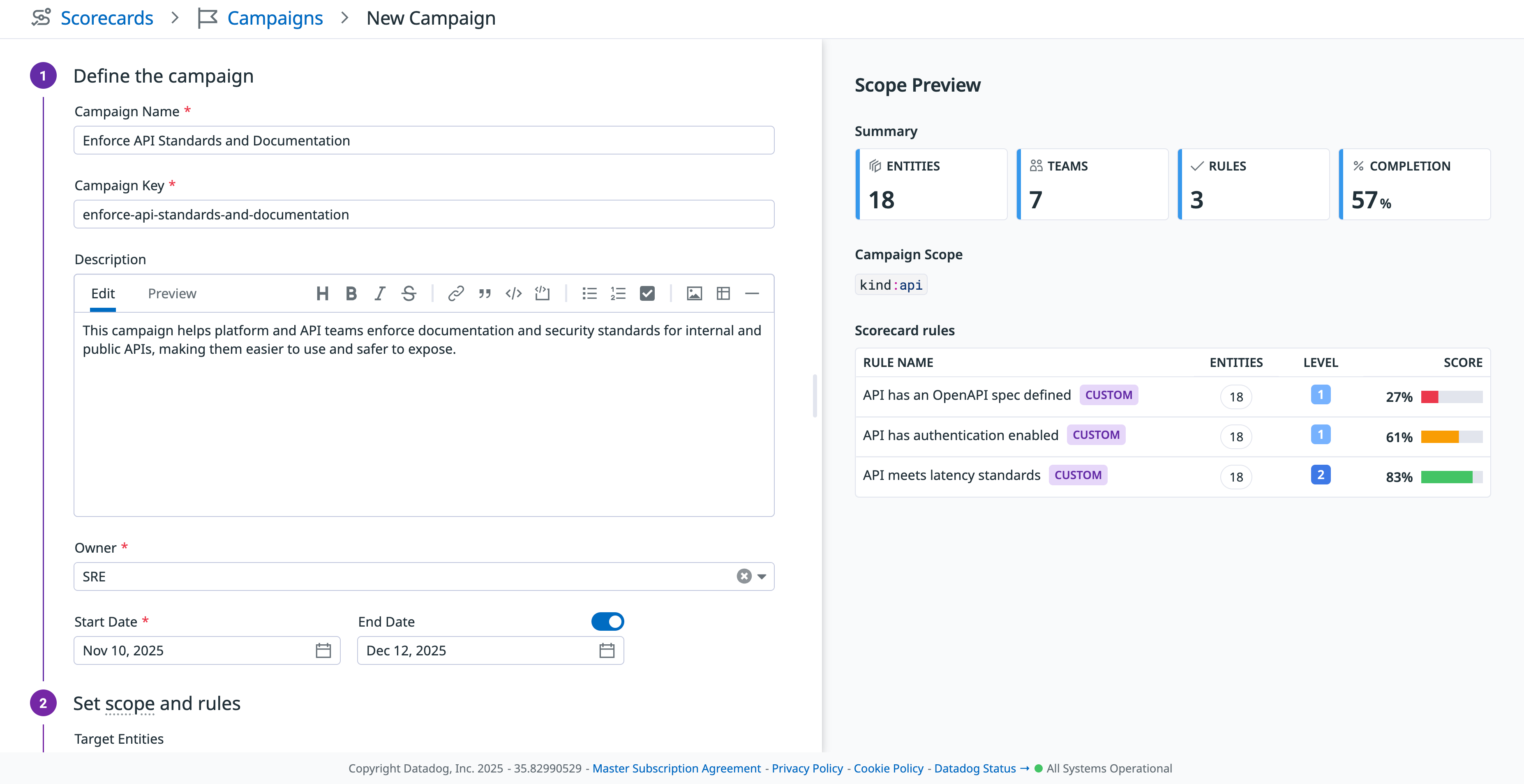 Interface for defining a new campaign, showing fields to set the name, description, timeline, and initial scoring rules.