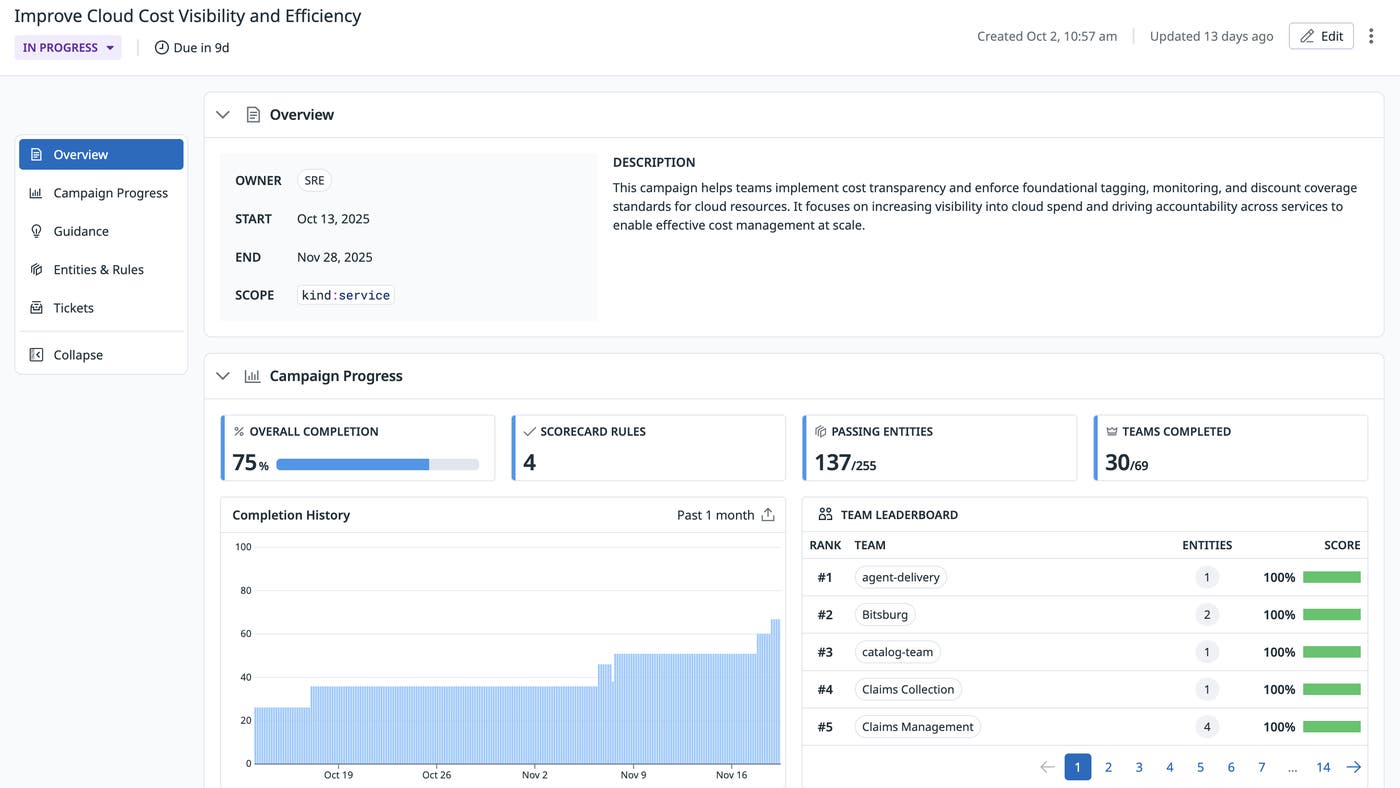 Campaign overview summarizing completion trends and highlighting which teams and services meet cost-related rules. Campaign overview summarizing completion trends and highlighting which teams and services meet cost-related rules.