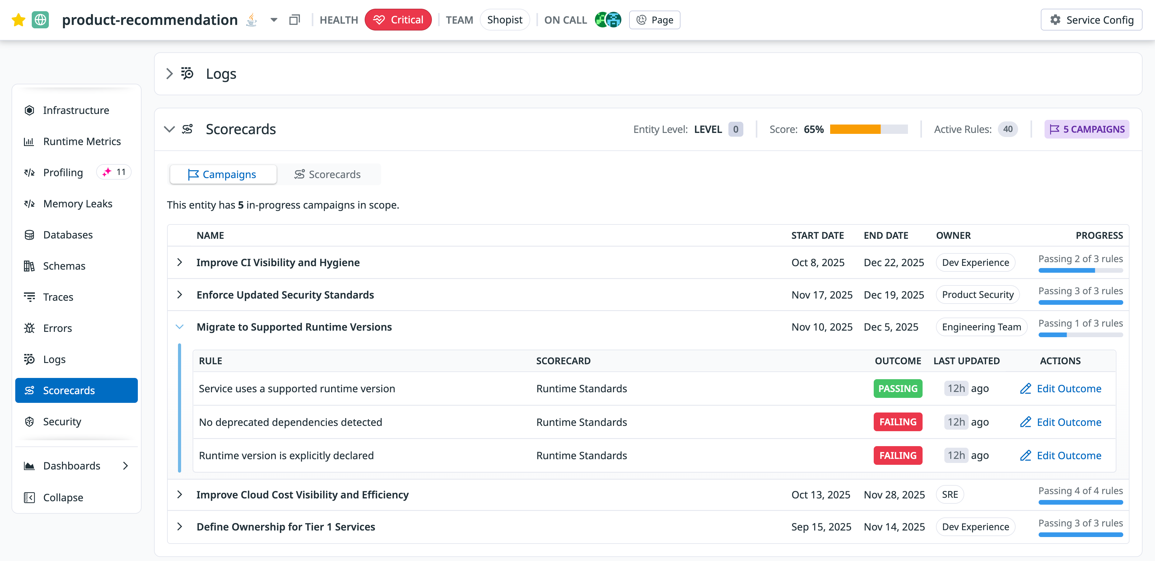 Campaign view listing runtime-related rules and outcomes for each service to track upgrade progress.