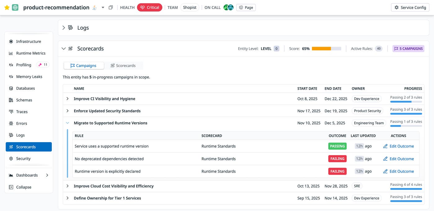 Campaign view listing runtime-related rules and outcomes for each service to track upgrade progress. Campaign view listing runtime-related rules and outcomes for each service to track upgrade progress.