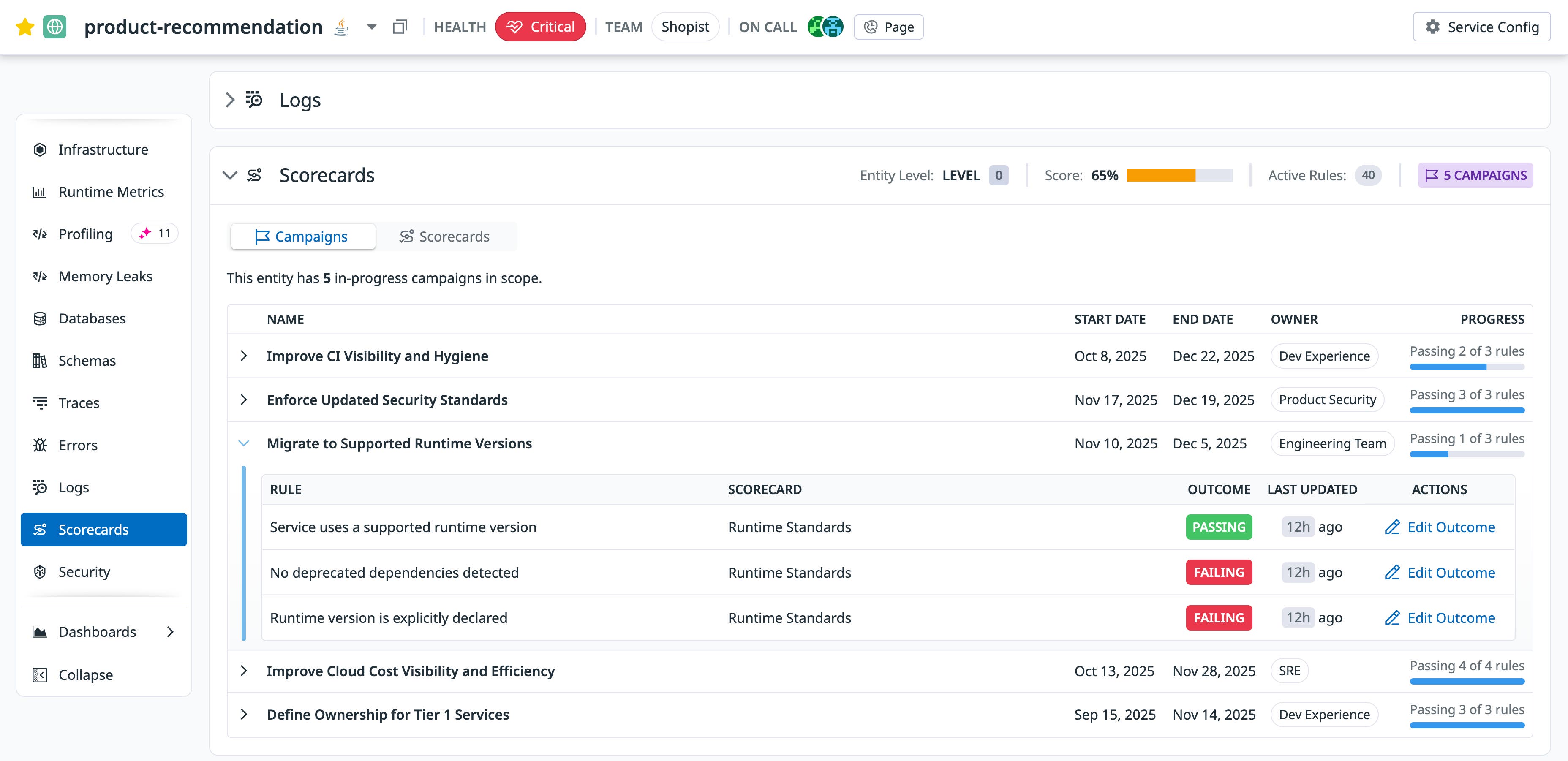 Campaign view listing runtime-related rules and outcomes for each service to track upgrade progress. Campaign view listing runtime-related rules and outcomes for each service to track upgrade progress.