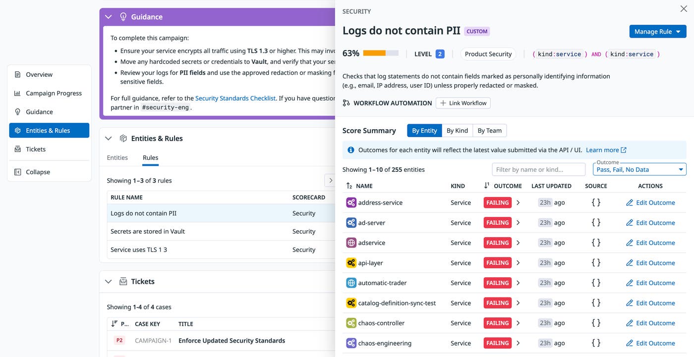 Security-focused campaign screen displaying rule outcomes for services and guidance for meeting updated standards. Security-focused campaign screen displaying rule outcomes for services and guidance for meeting updated standards.