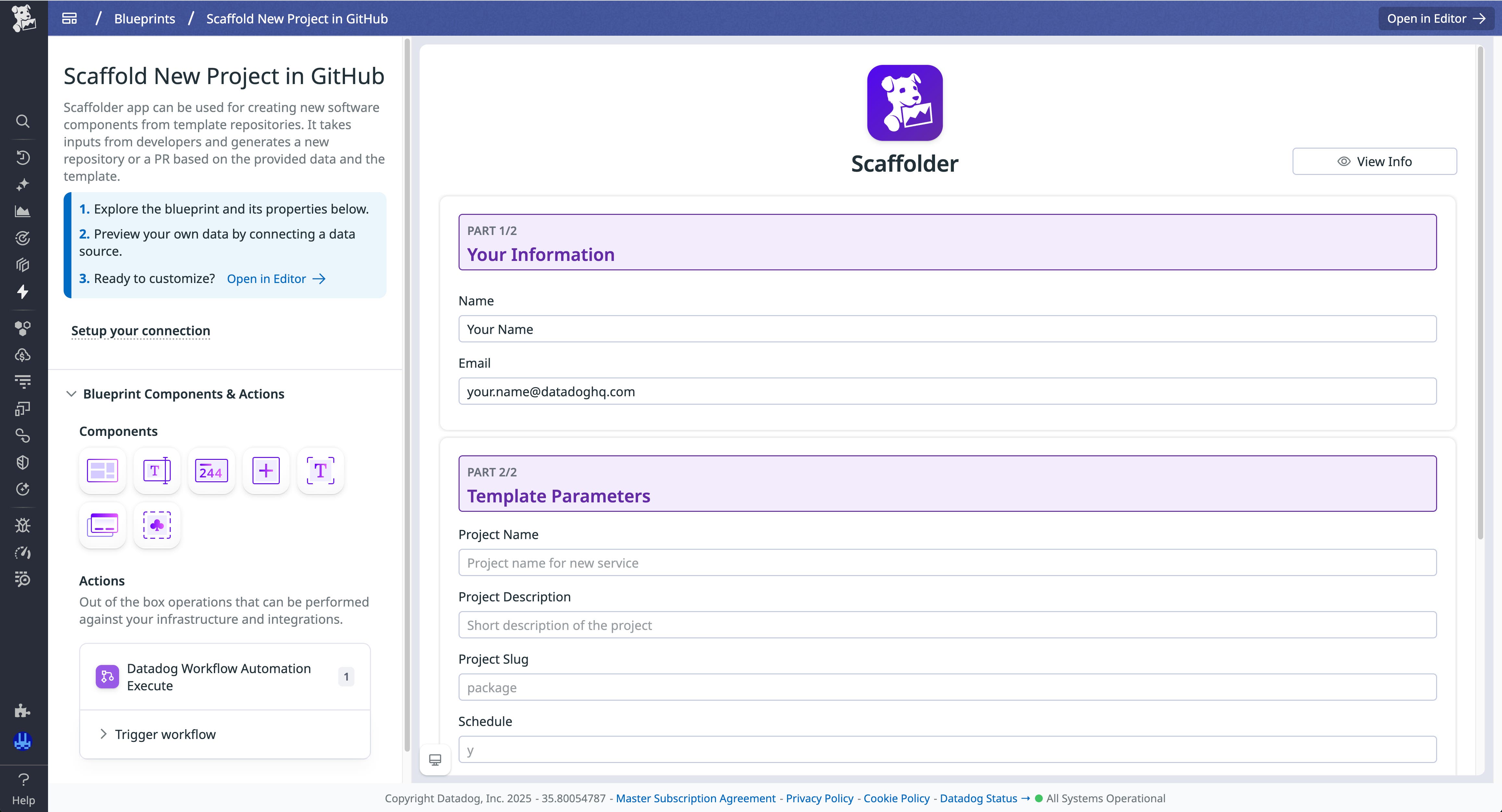 Screenshot of a blueprint that includes a form for the Scaffolder app to create a new project in GitHub. Screenshot of a blueprint that includes a form for the Scaffolder app to create a new project in GitHub.