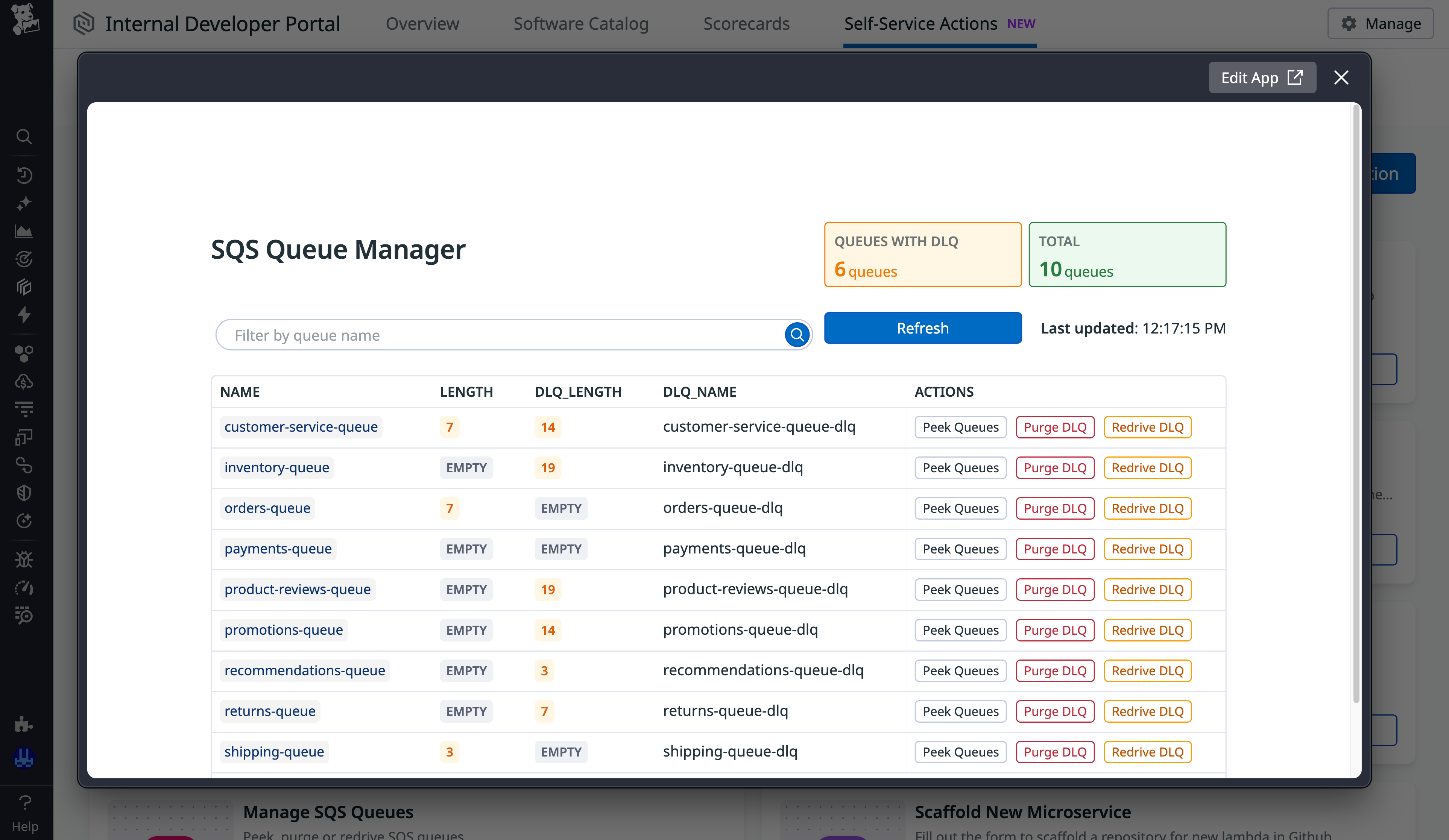 Screenshot of SQS Queue Manager in Self-Service Actions.
