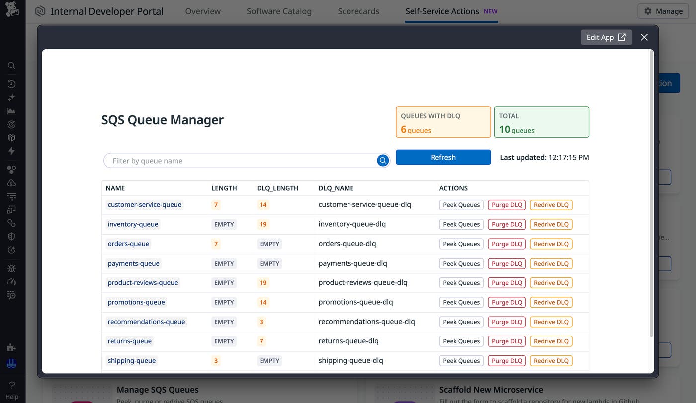 Screenshot of SQS Queue Manager in Self-Service Actions. Screenshot of SQS Queue Manager in Self-Service Actions.
