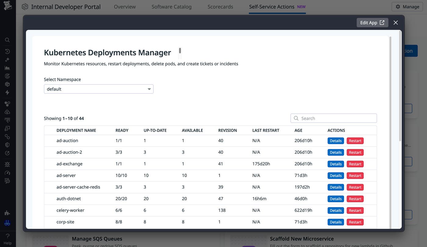 Screenshot of functionality in Self-Service Actions to restart Kubernetes deployments. Screenshot of functionality in Self-Service Actions to restart Kubernetes deployments.