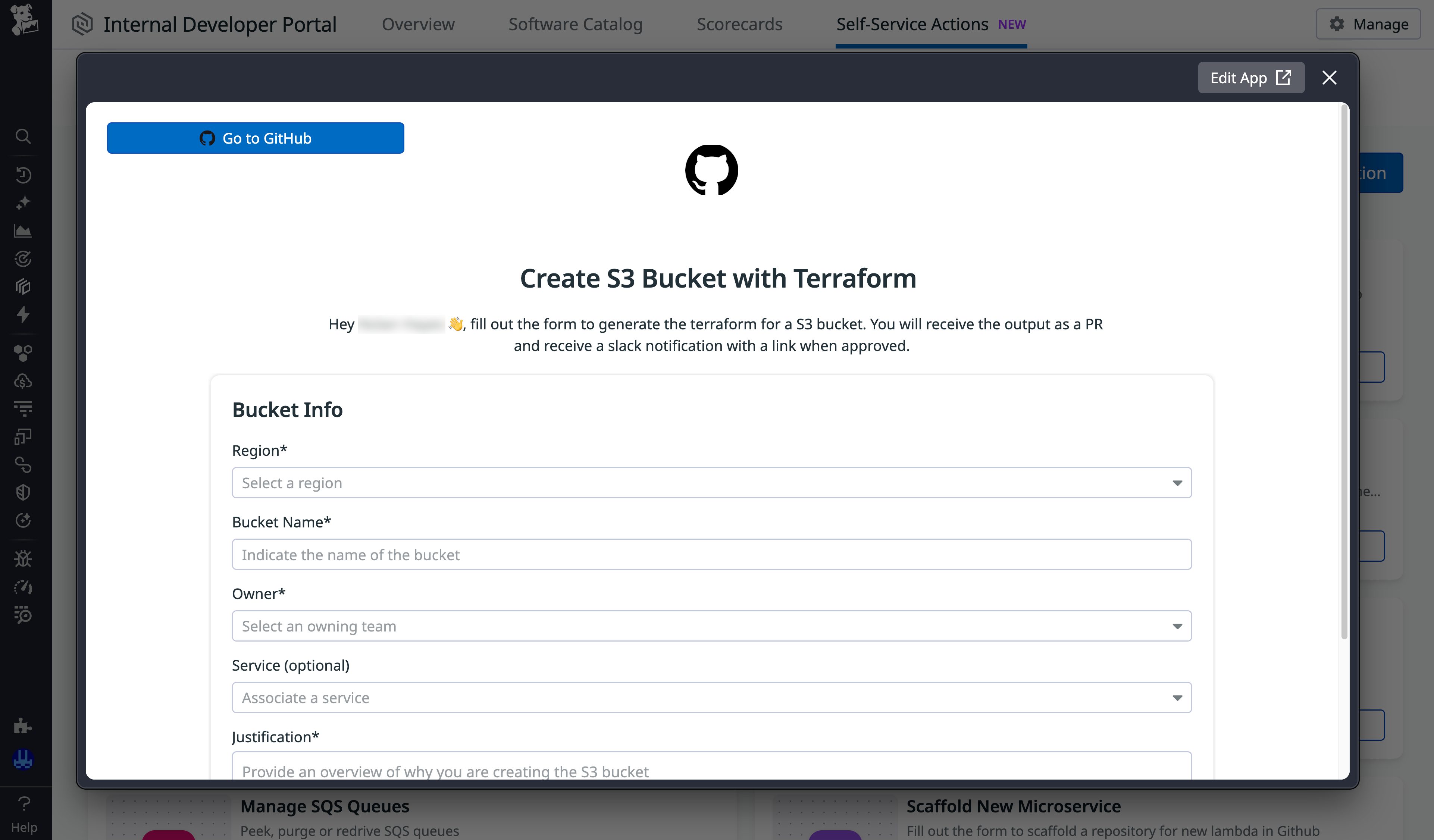 A form to provision an Amazon S3 bucket.