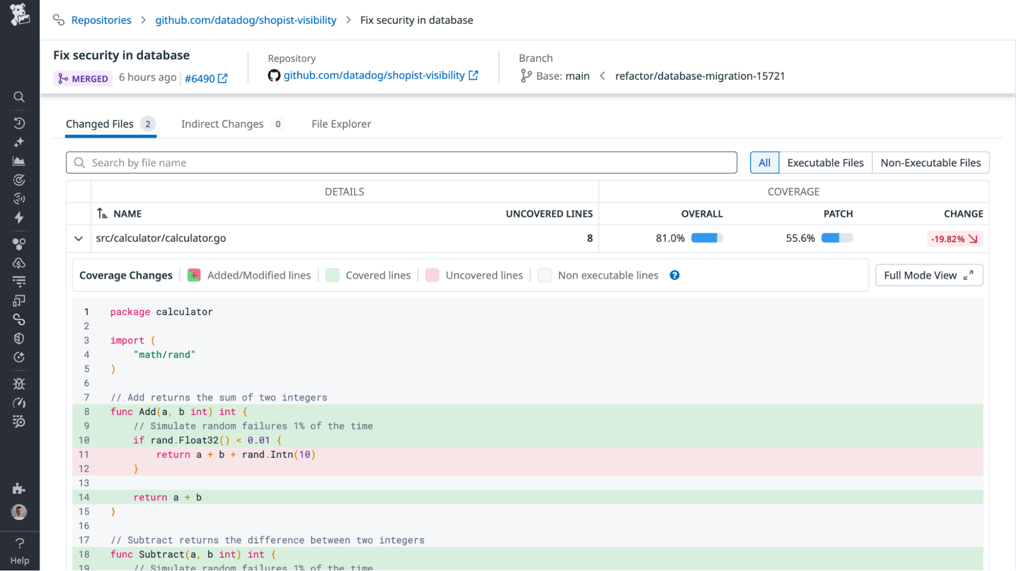Line-level annotation that highlights specific logic that was not covered by testing and recommended action.
