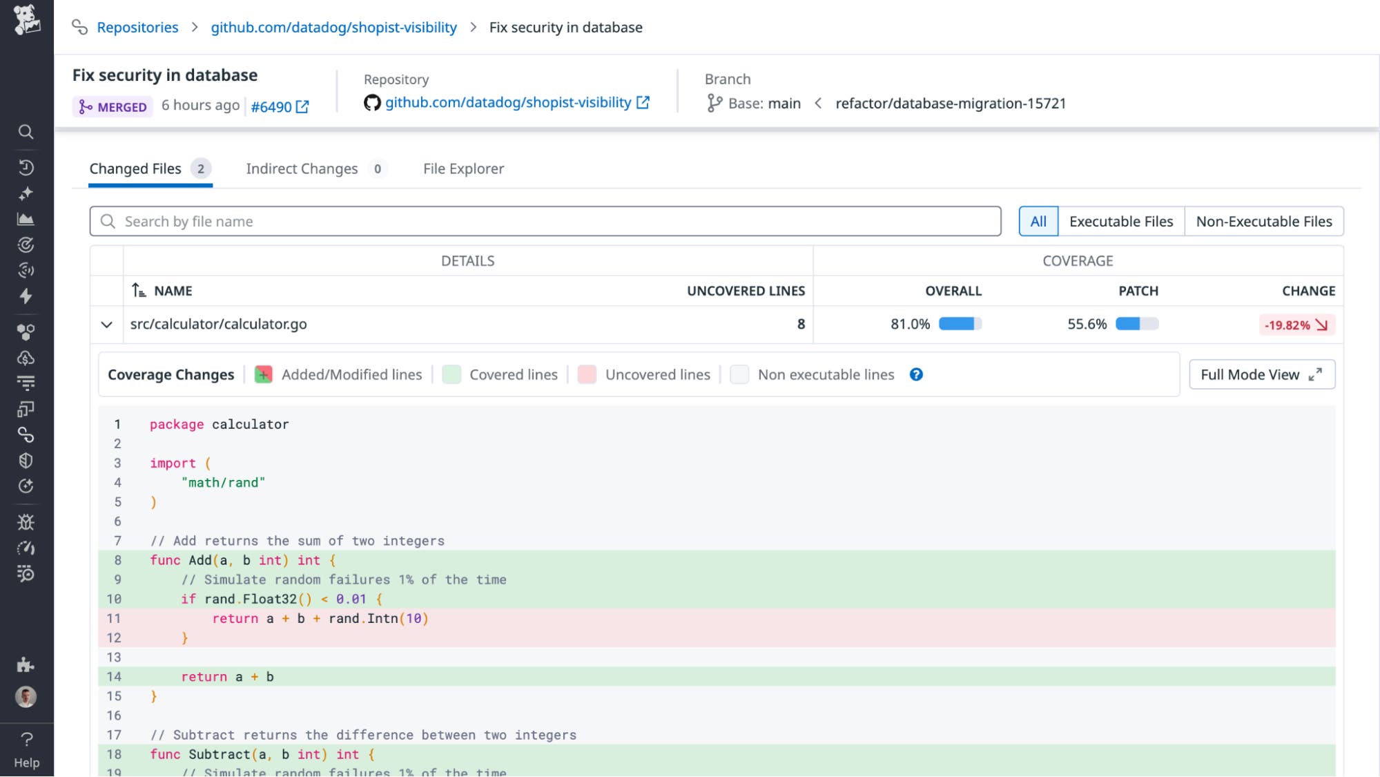 Line-level annotation that highlights specific logic that was not covered by testing and recommended action. Line-level annotation that highlights specific logic that was not covered by testing and recommended action.