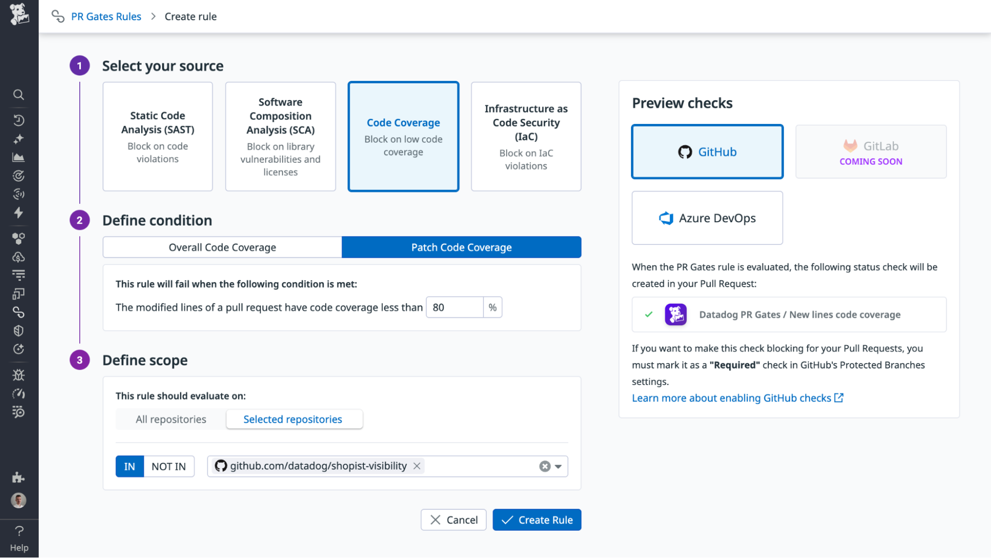 Screenshot that shows the process for creating a Code Coverage rule from selecting the source to defining the condition and scope.