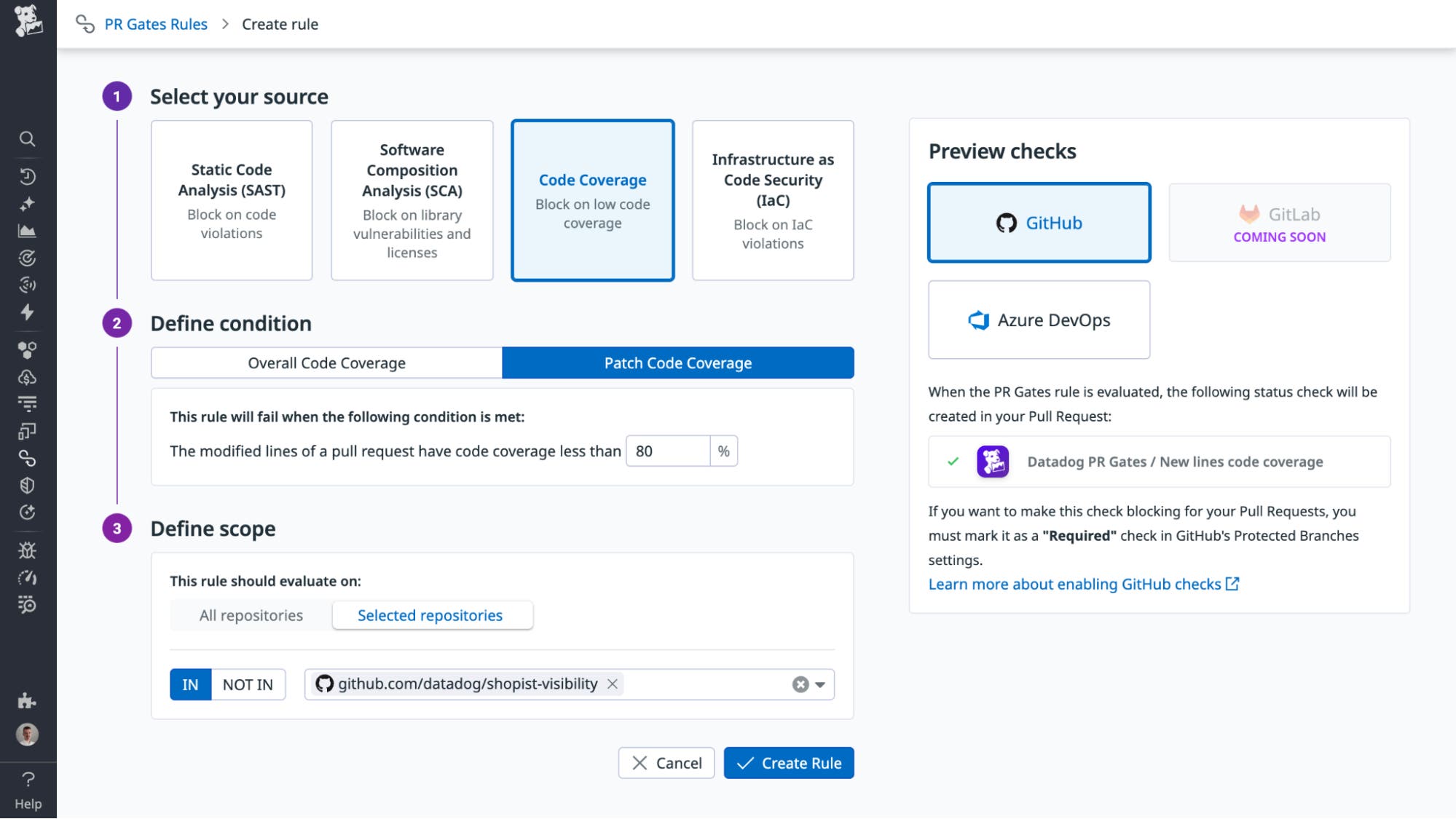 Screenshot that shows the process for creating a Code Coverage rule from selecting the source to defining the condition and scope. Screenshot that shows the process for creating a Code Coverage rule from selecting the source to defining the condition and scope.