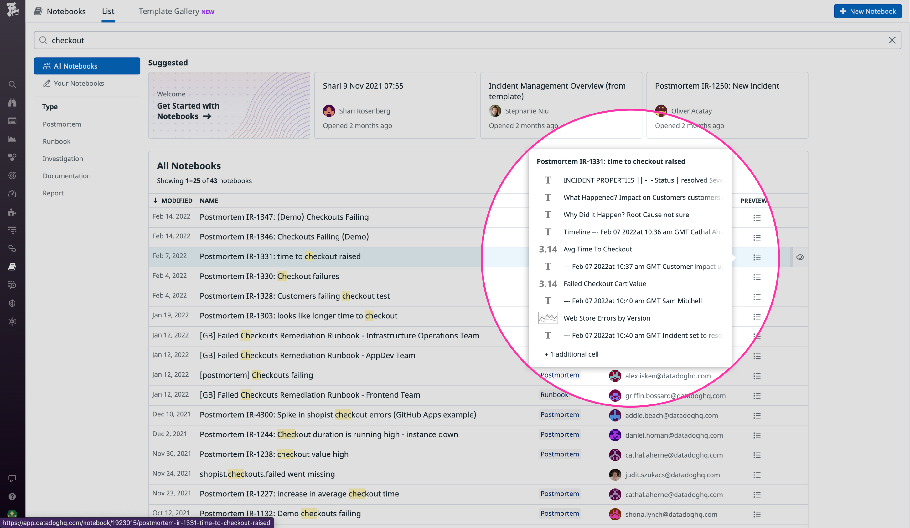 Viewing a preview of a notebook's headers from the Notebooks List