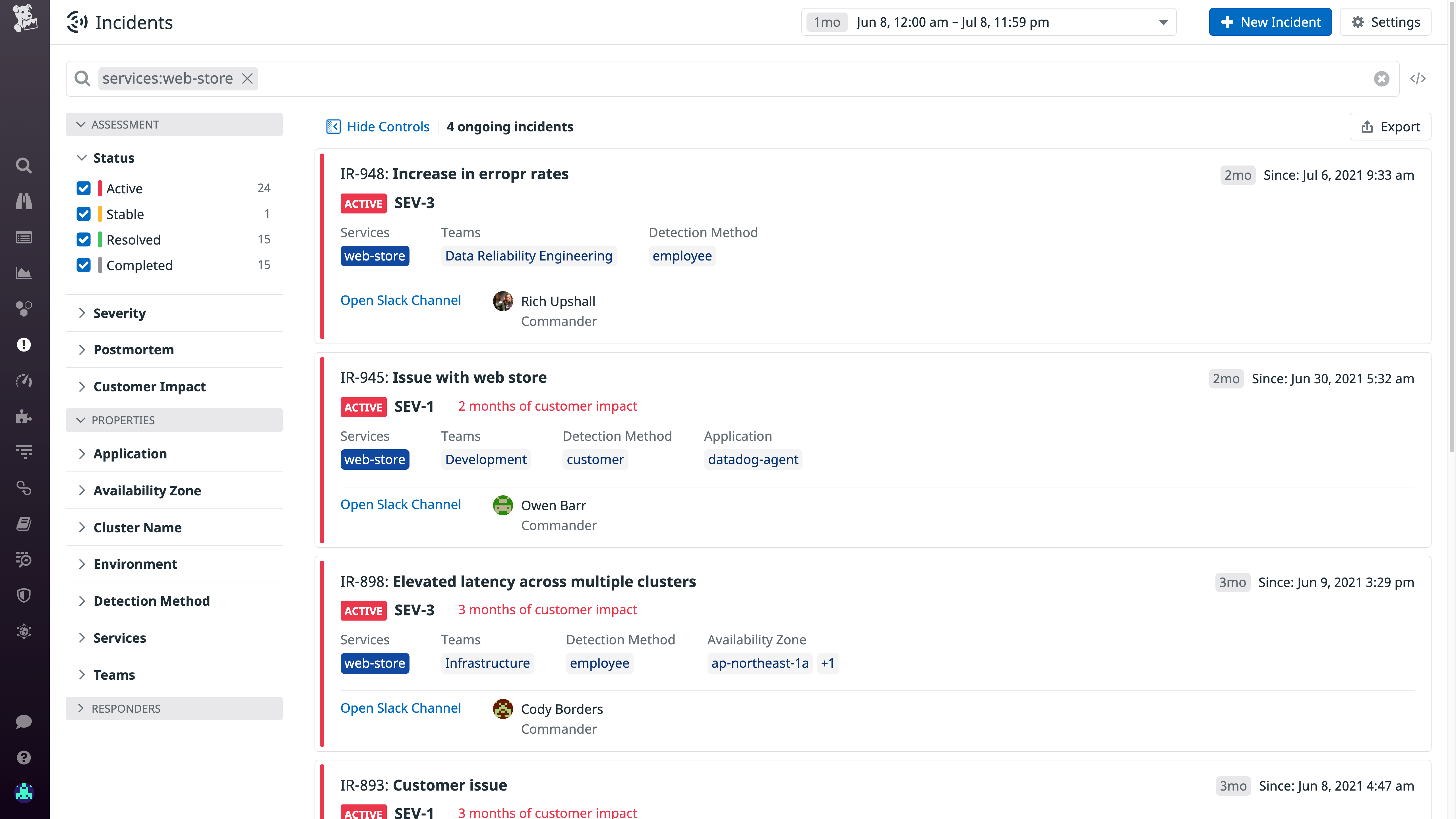 Datadog enables you to find incidents by tag.