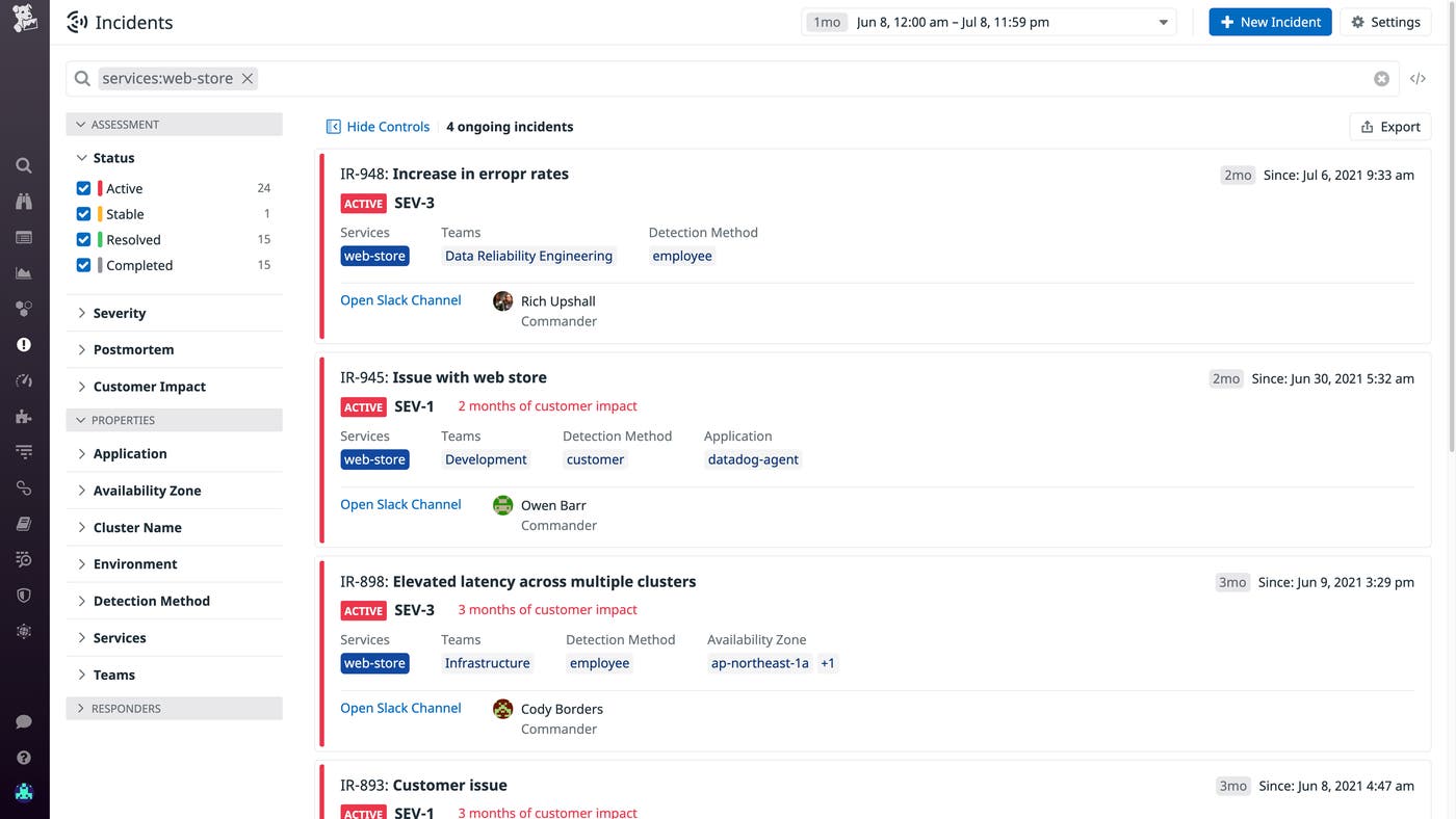 Datadog enables you to find incidents by tag. Datadog enables you to find incidents by tag.