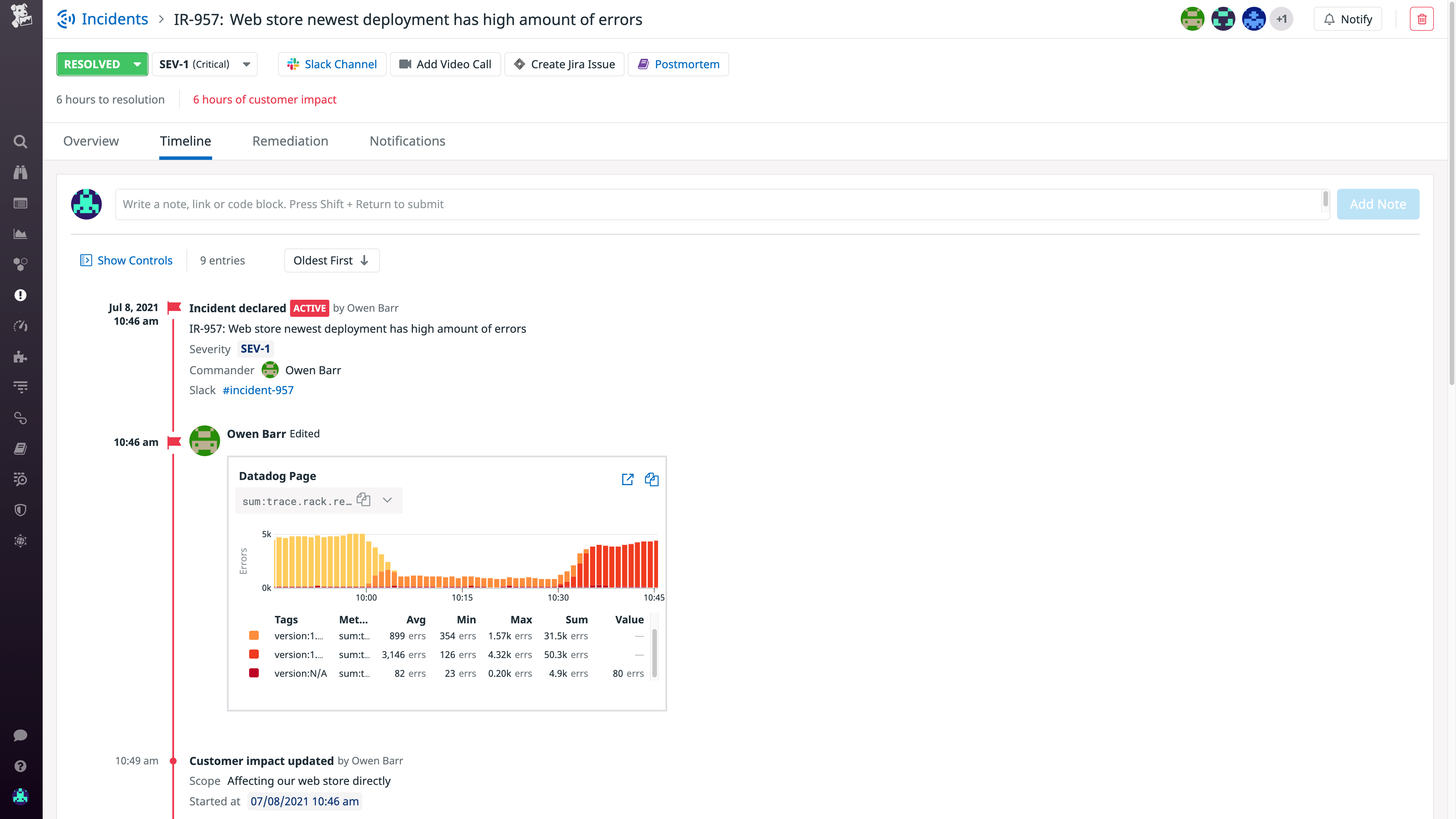 Comments within a postmortem in Datadog.