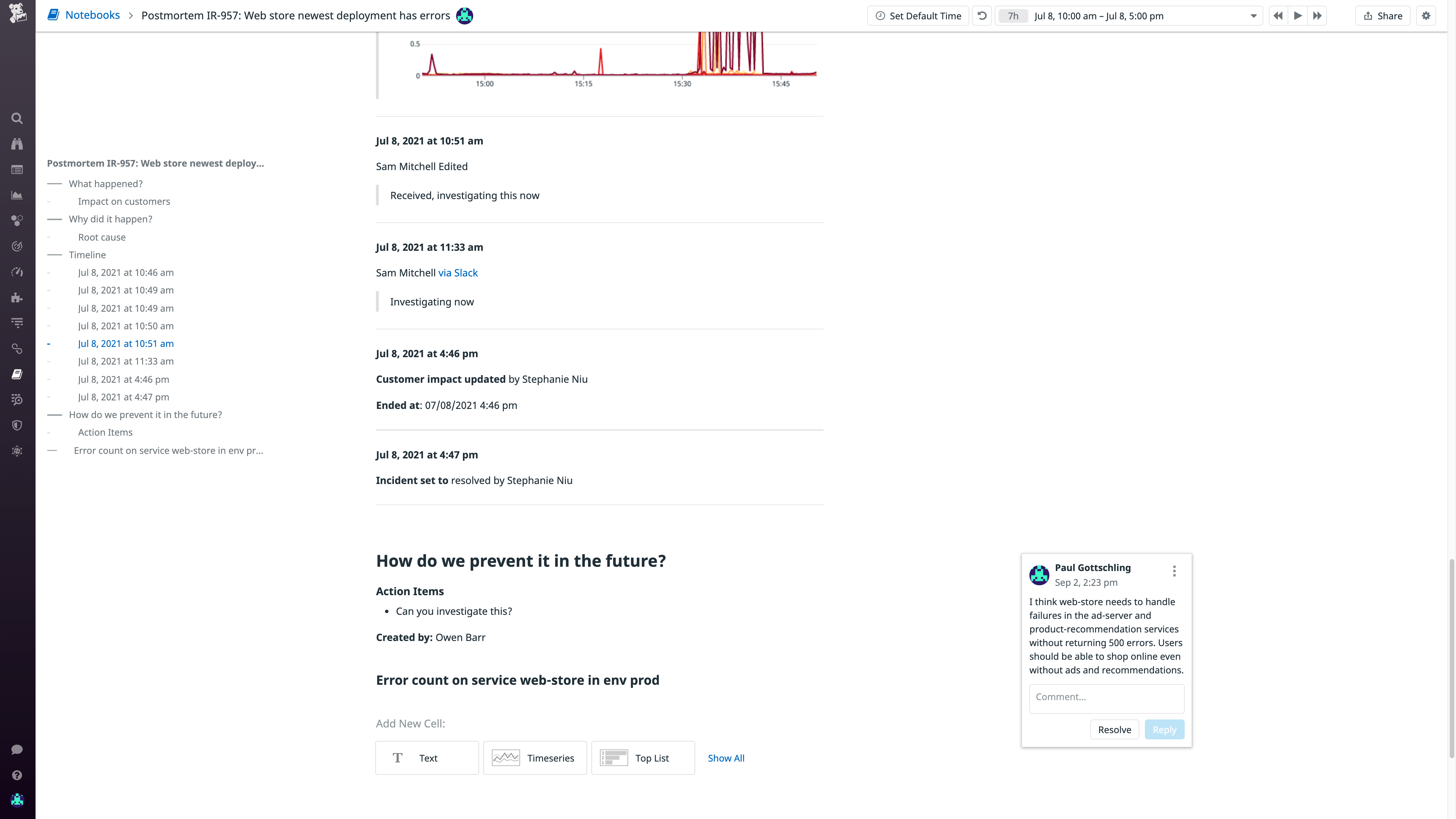 Datadog Notebooks enable you to comment directly in a postmortem document.