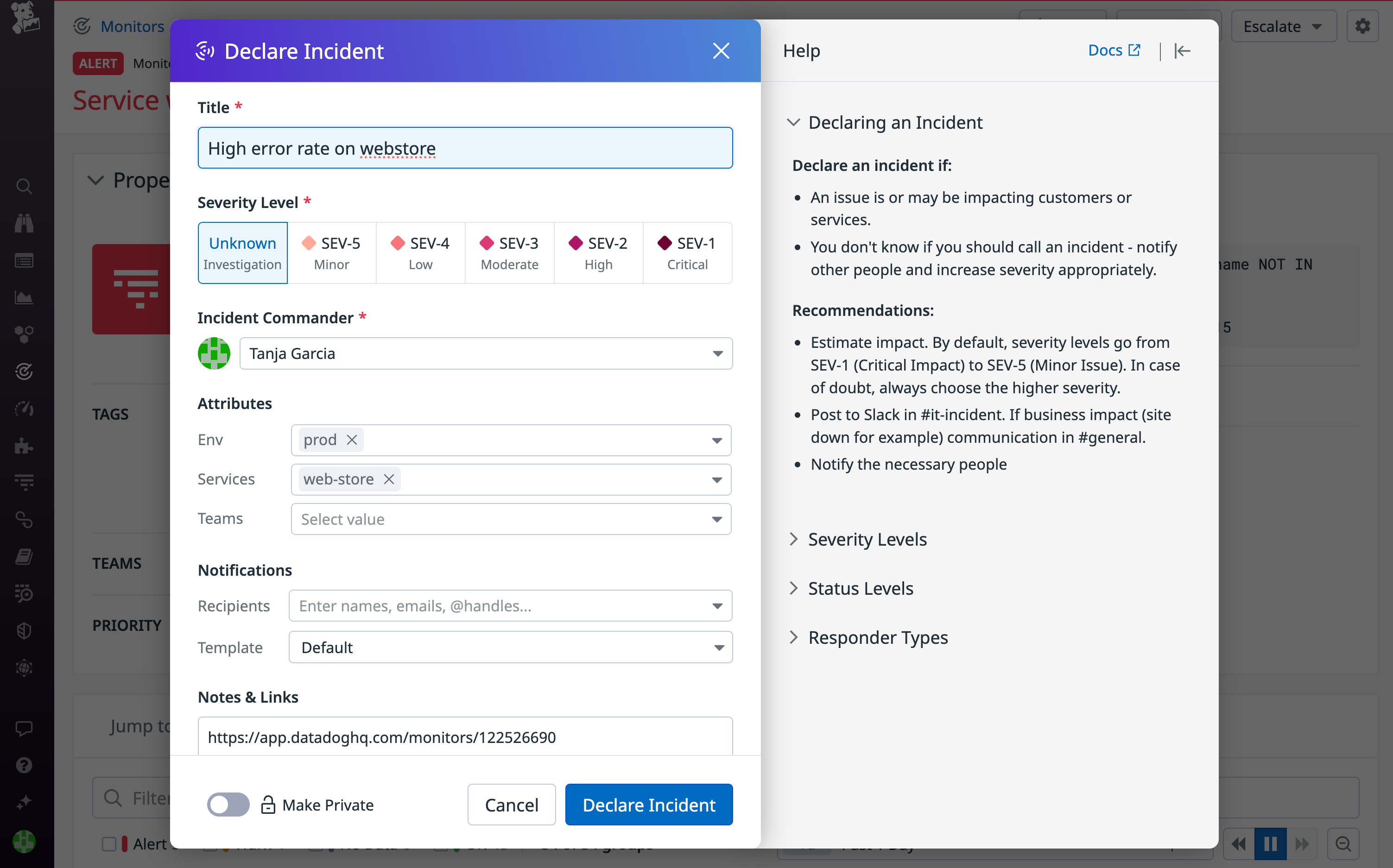 Popup window showing a user declaring an incident in the Datadog app