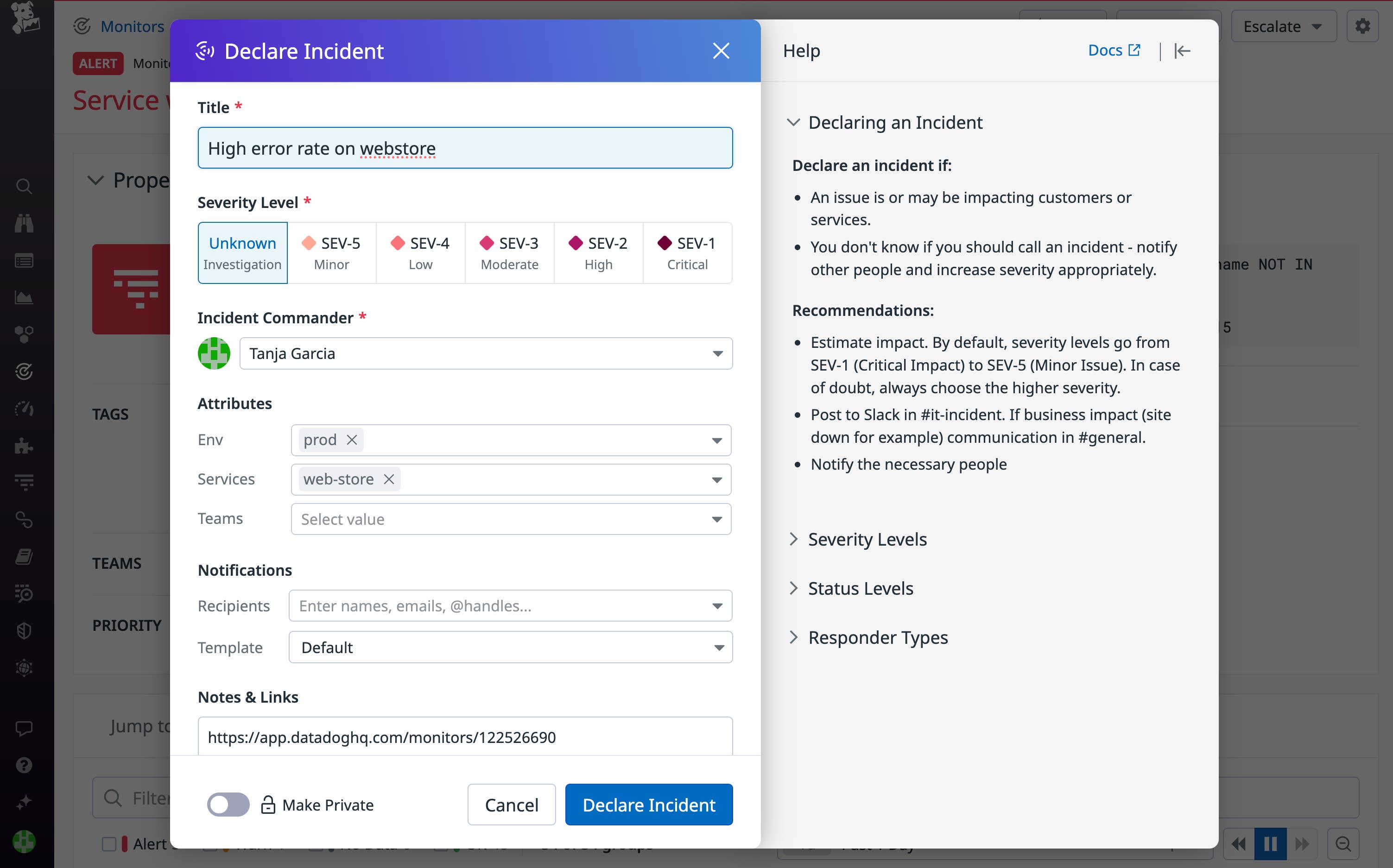 Popup window showing a user declaring an incident in the Datadog app Popup window showing a user declaring an incident in the Datadog app