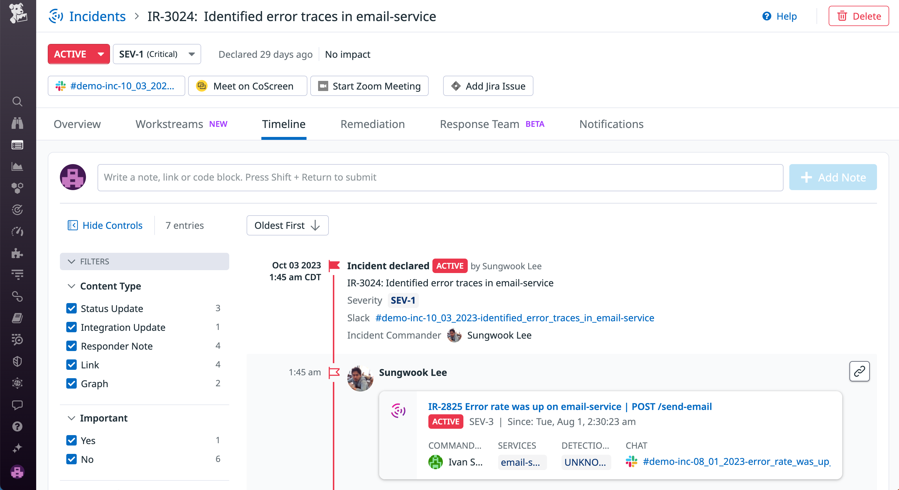 View of an incident's timeline in the Datadog Incidents UI