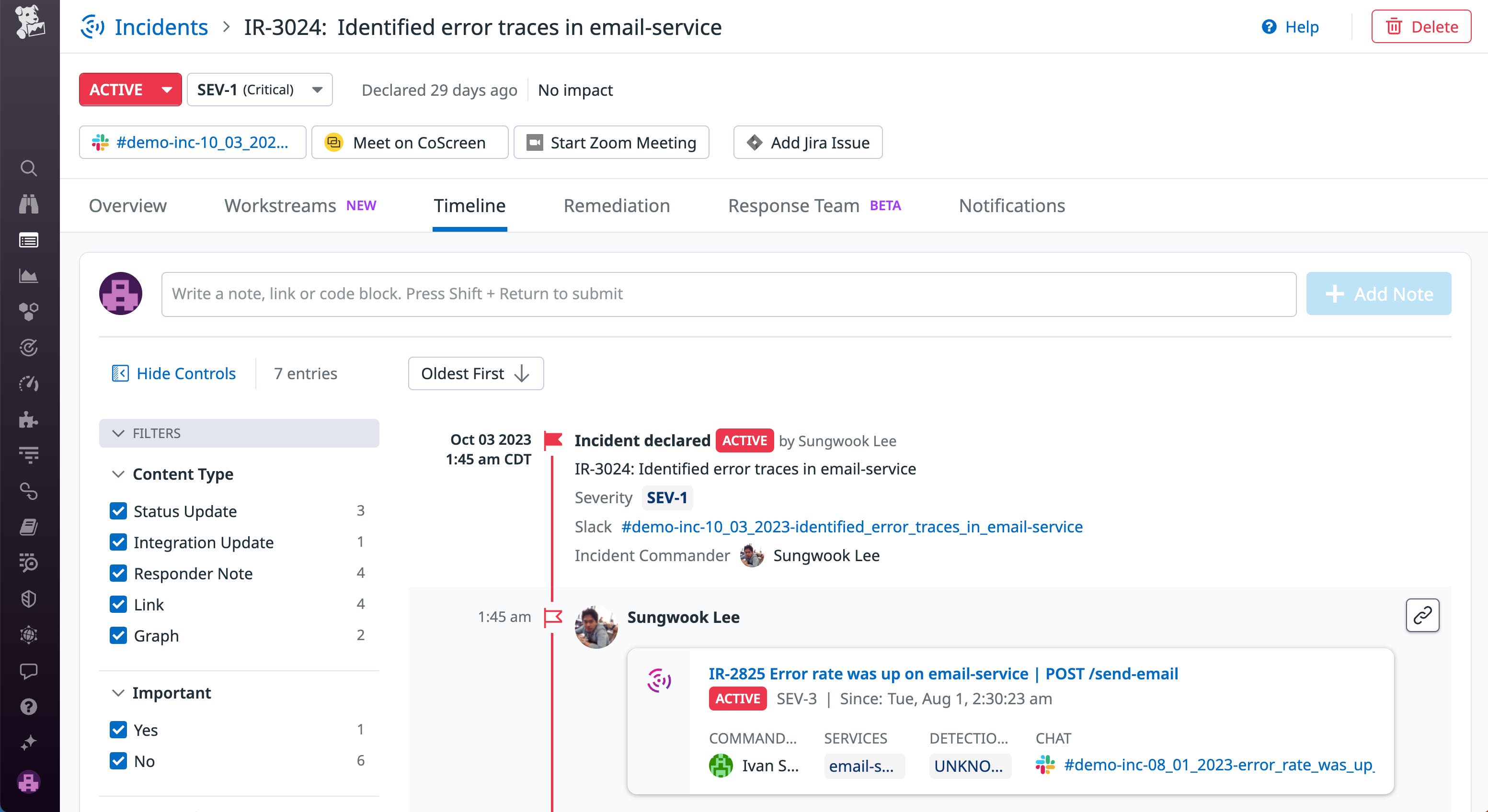 View of an incident's timeline in the Datadog Incidents UI View of an incident's timeline in the Datadog Incidents UI