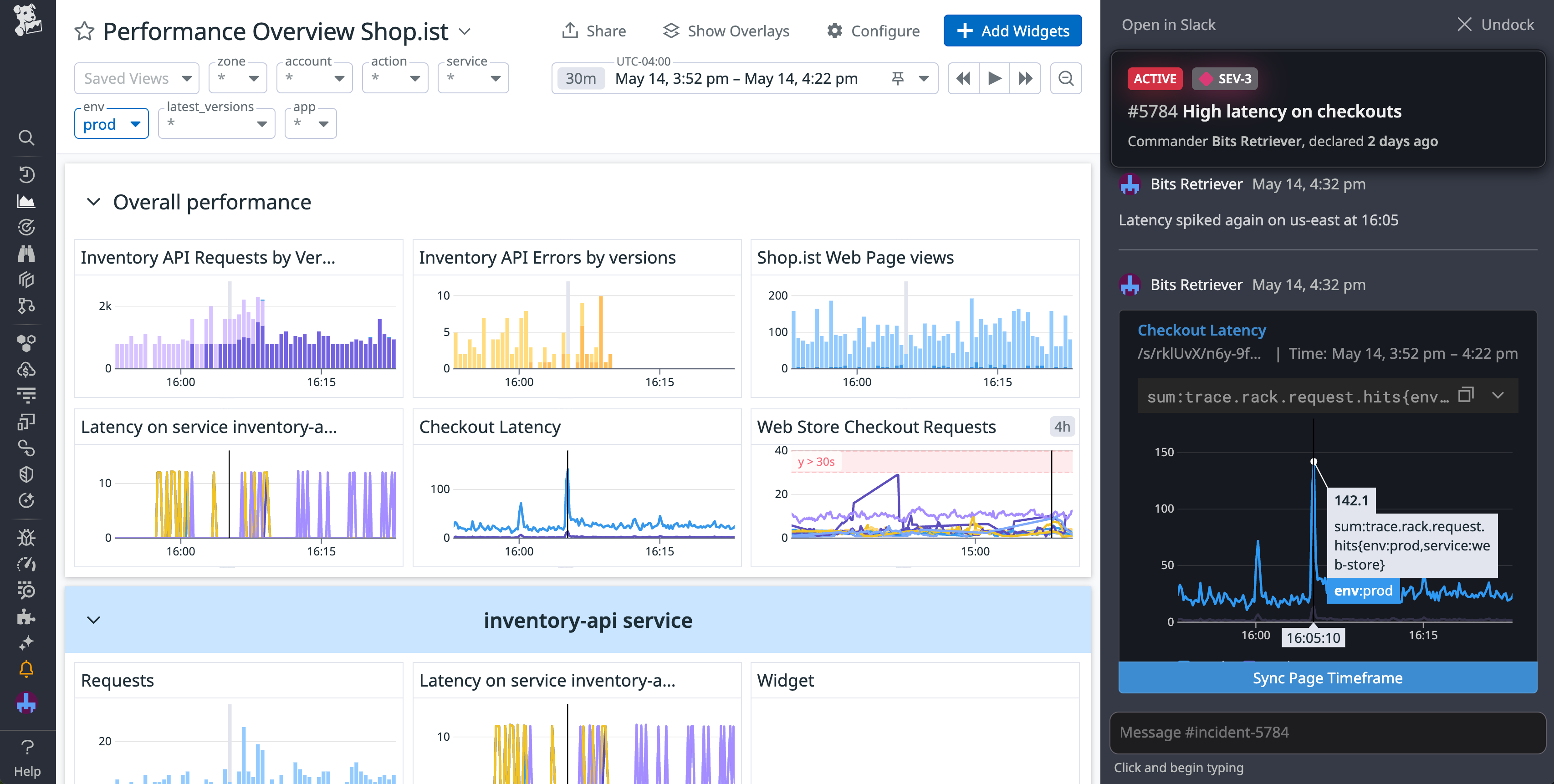 The incident sidebar, with a graph synced to a dashboard displayed.