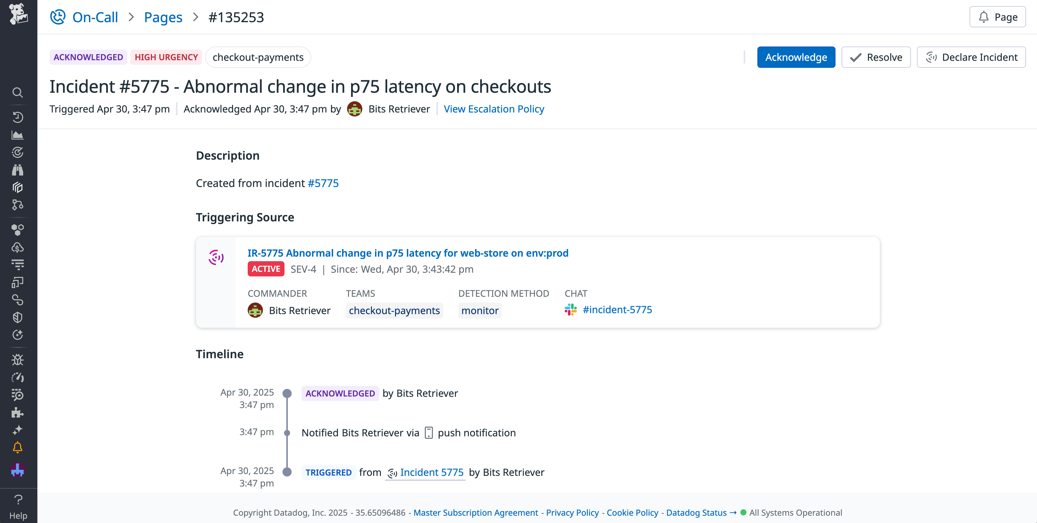 Incident details for a Datadog On-Call page.