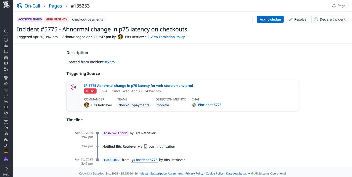 Incident details for a Datadog On-Call page. Incident details for a Datadog On-Call page.