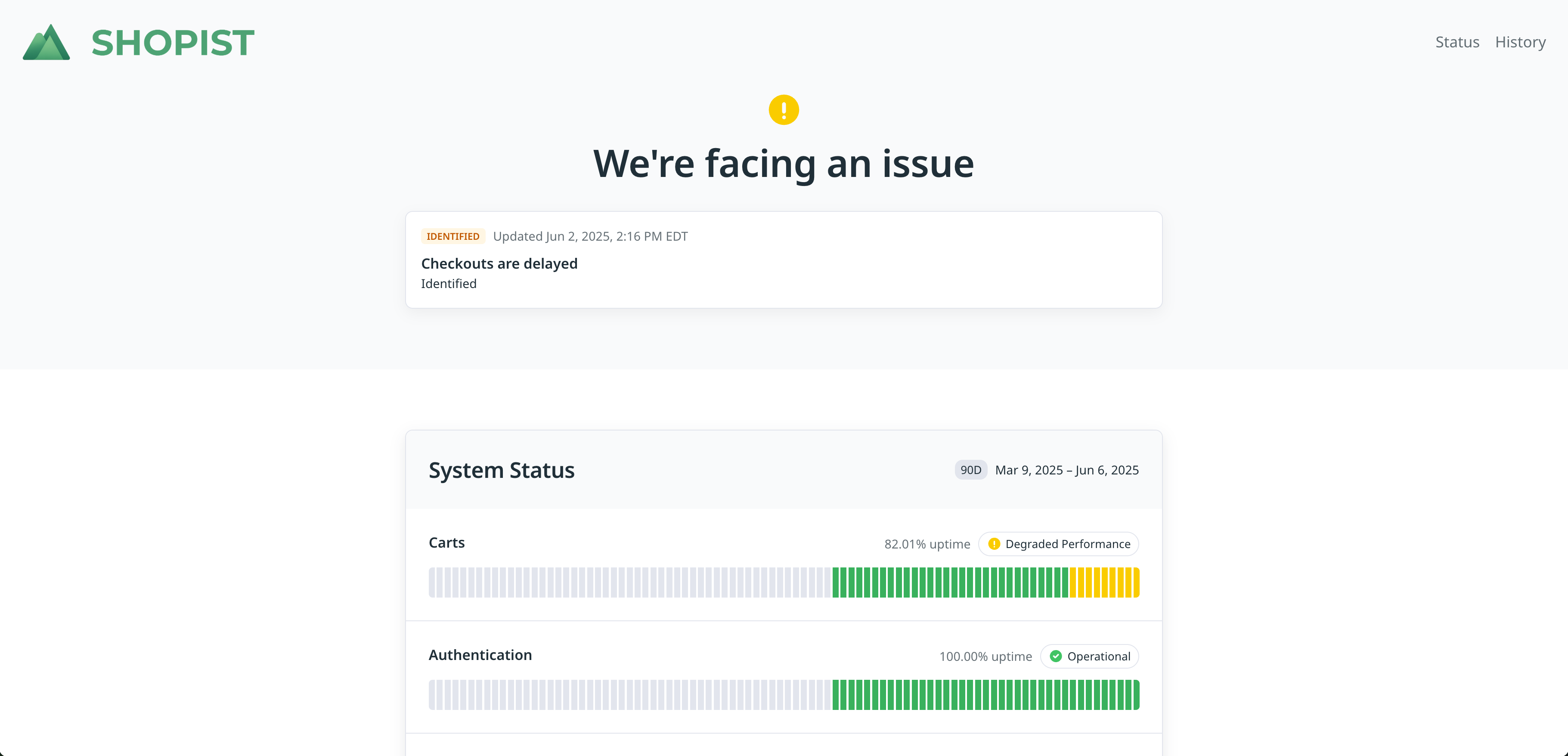 A status page showing an ongoing incident.