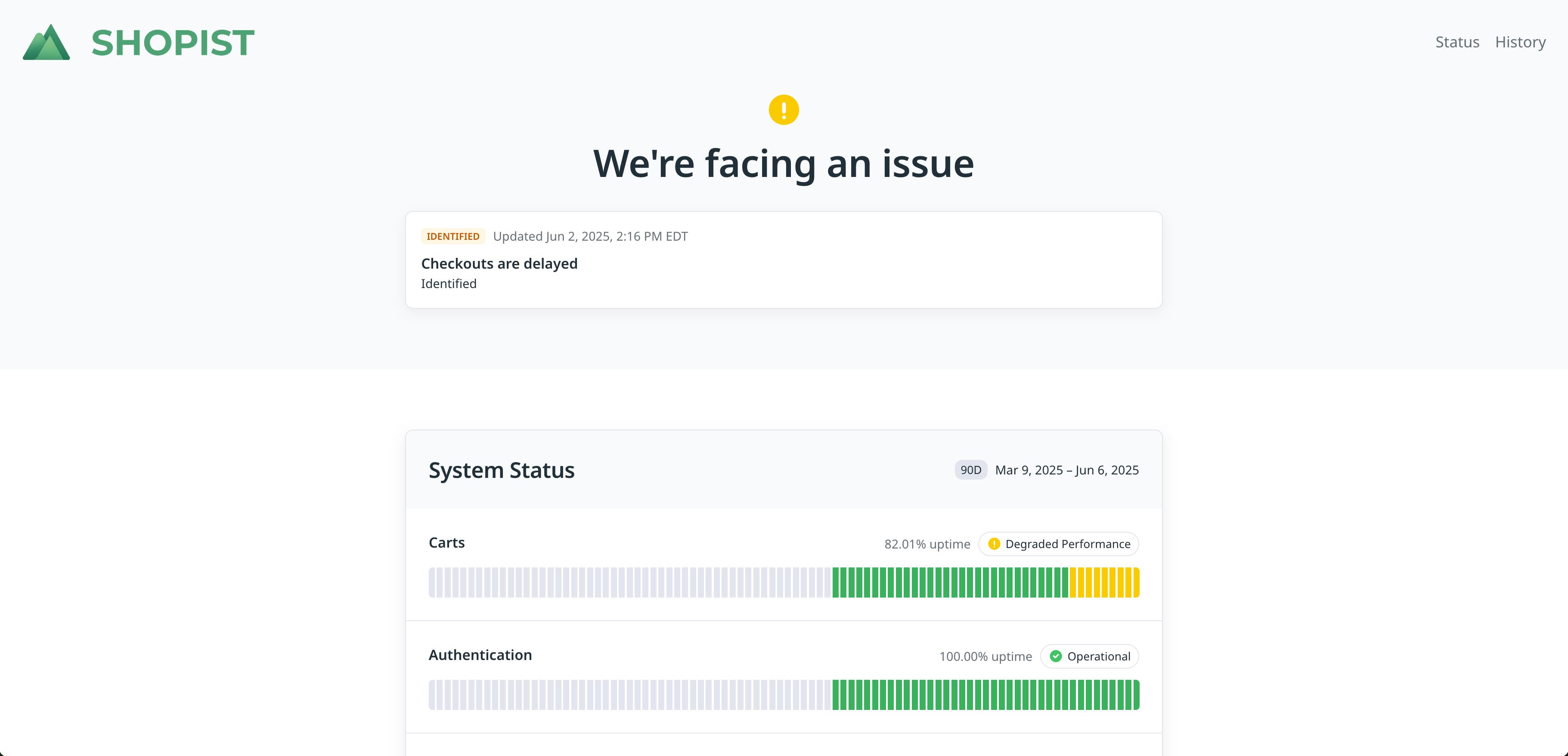 A status page showing an ongoing incident. A status page showing an ongoing incident.