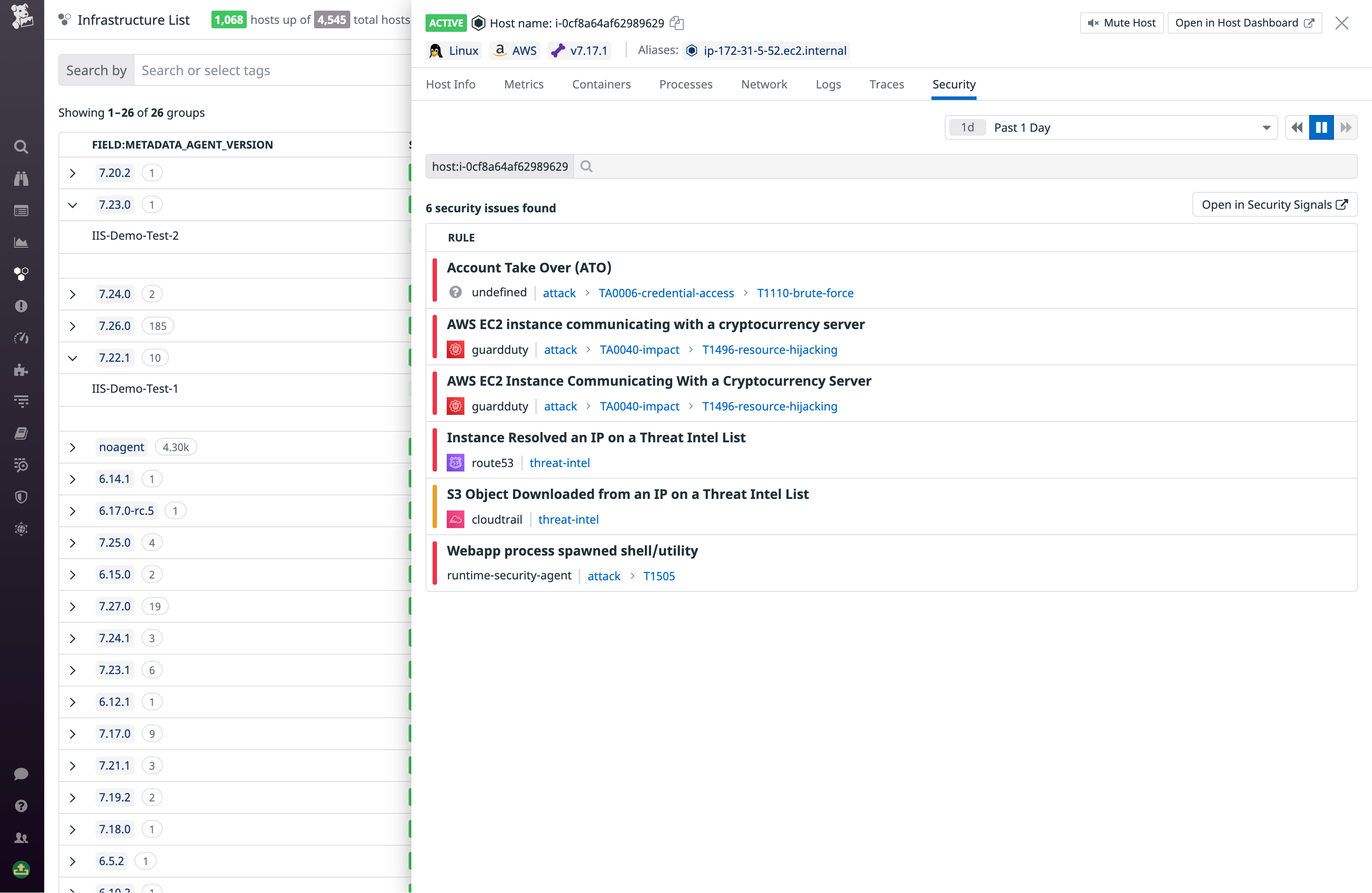 The Security tab collates security signals from Datadog Cloud SIEM.