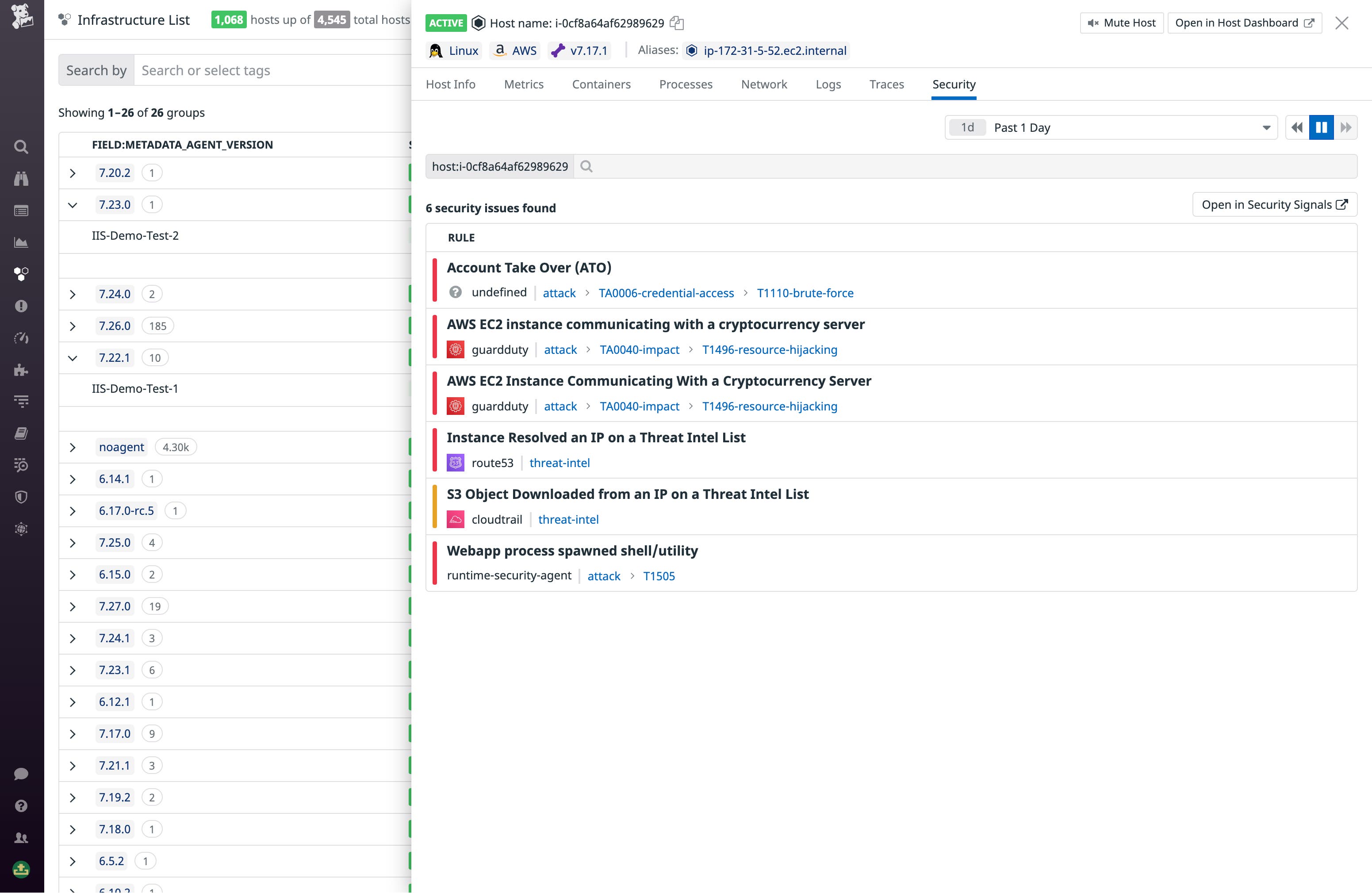 The Security tab collates security signals from Datadog Cloud SIEM. The Security tab collates security signals from Datadog Cloud SIEM.