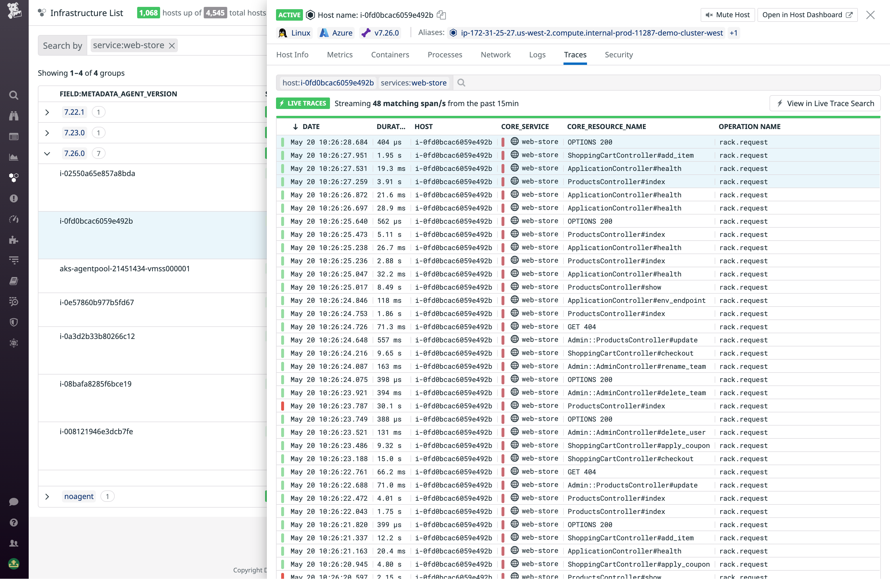 The Traces tab surfaces relevant APM traces for code running on your host.