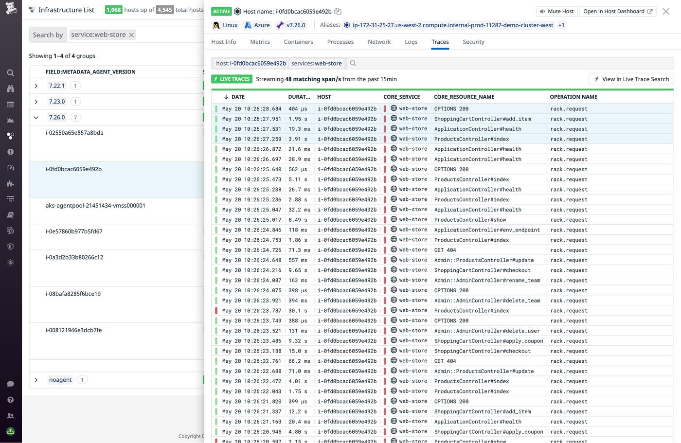The Traces tab surfaces relevant APM traces for code running on your host. The Traces tab surfaces relevant APM traces for code running on your host.