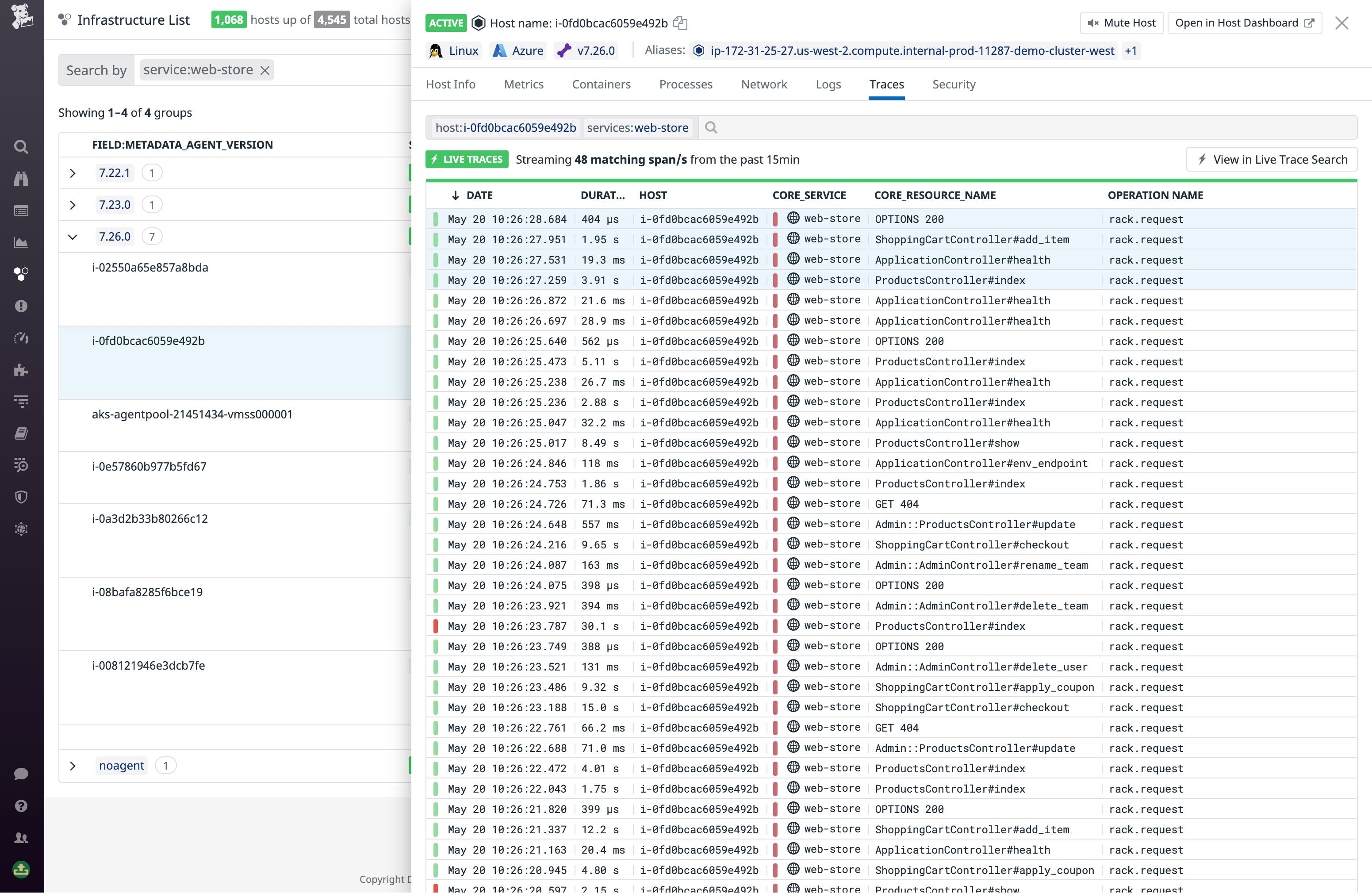 The Traces tab surfaces relevant APM traces for code running on your host. The Traces tab surfaces relevant APM traces for code running on your host.