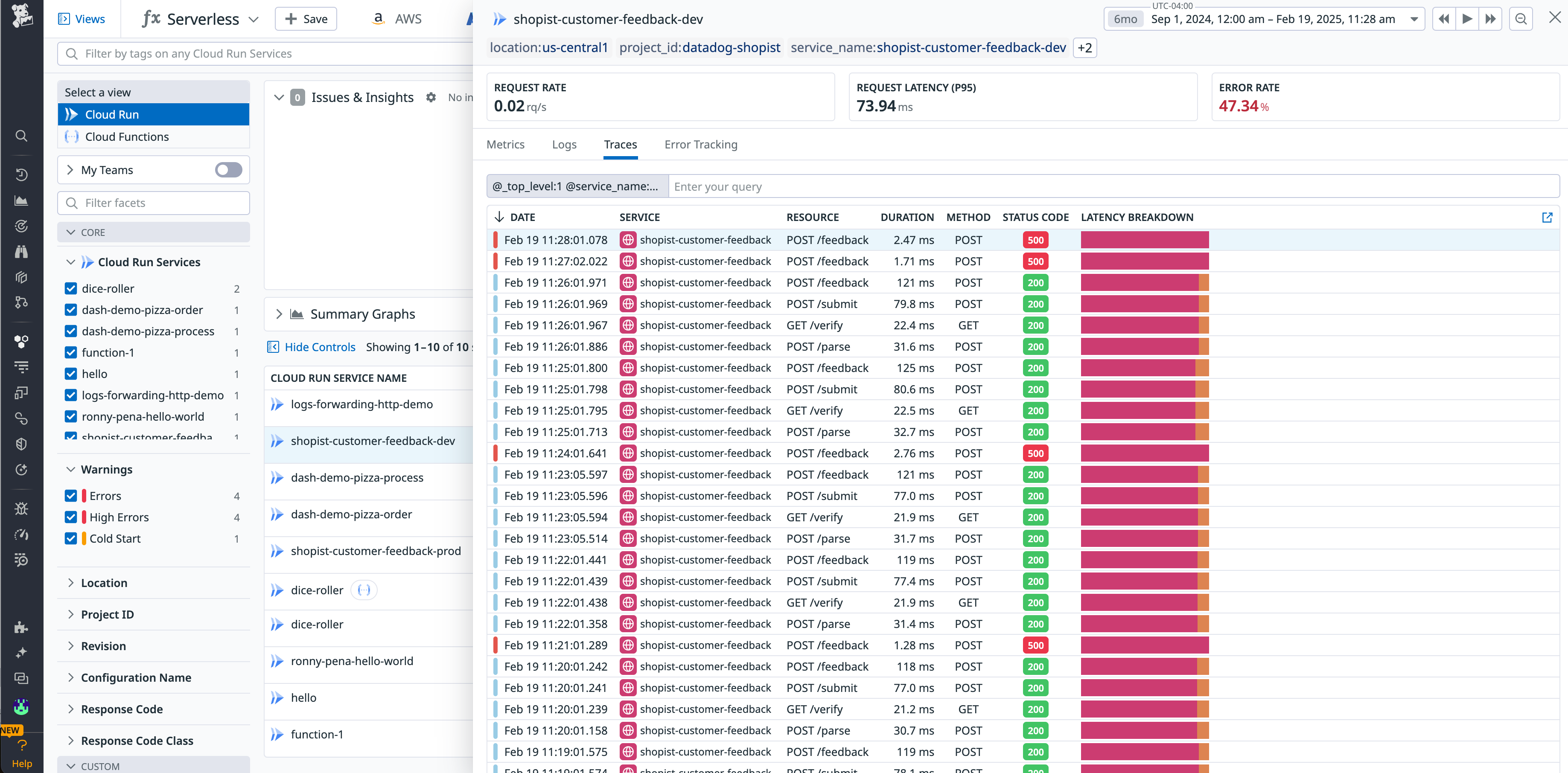 Side panel that shows traces and logs for a service.